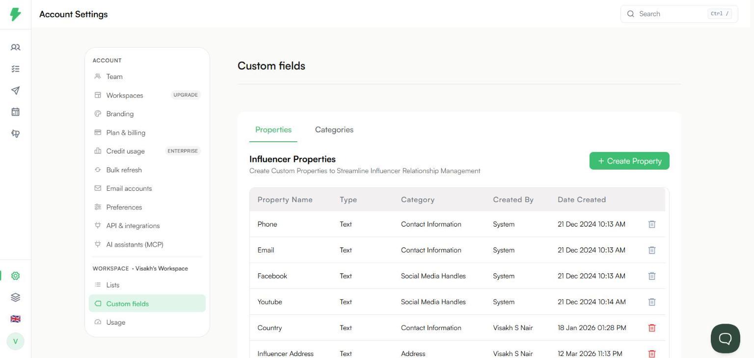 Custom fields page