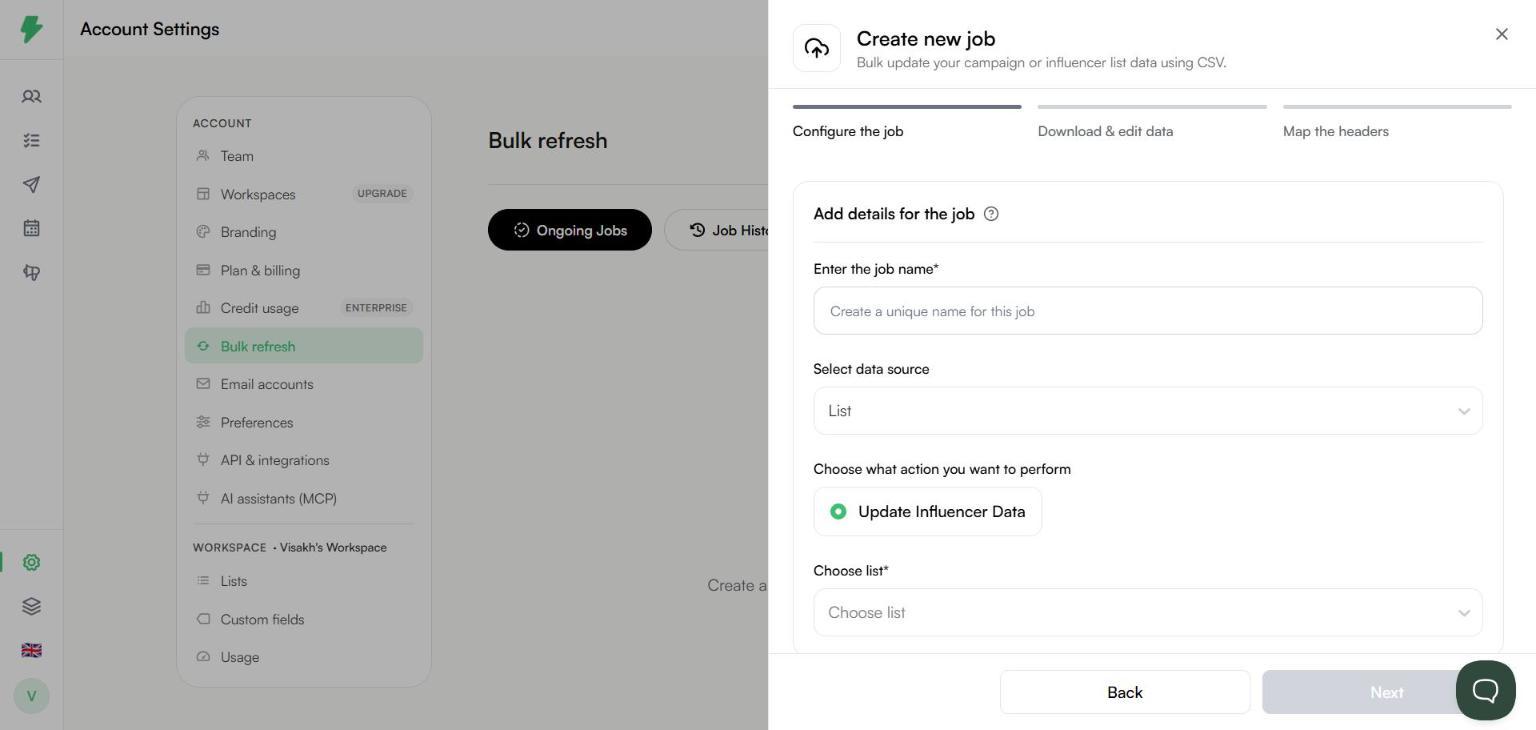 Create new job panel