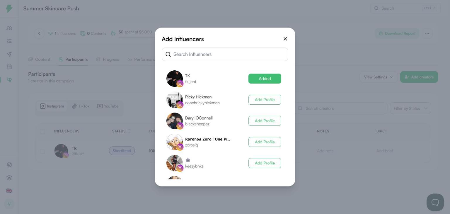 Add Influencers dialog with one creator added