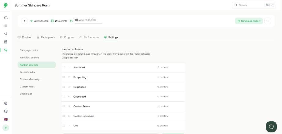Kanban columns settings