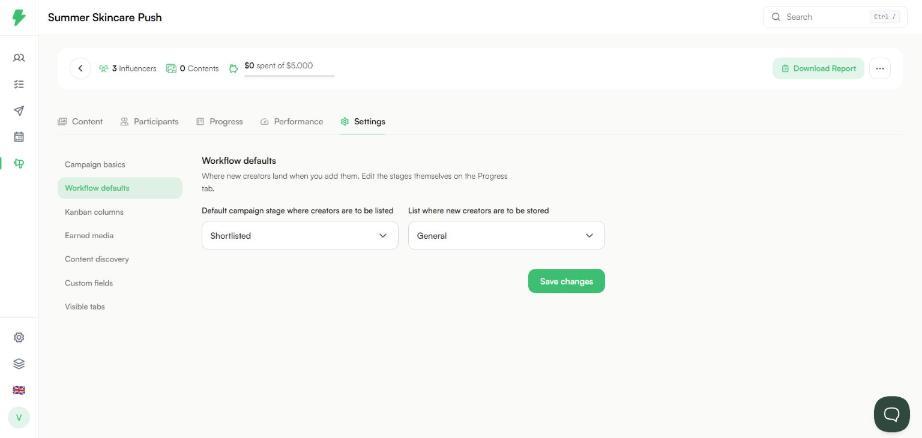 Workflow defaults settings
