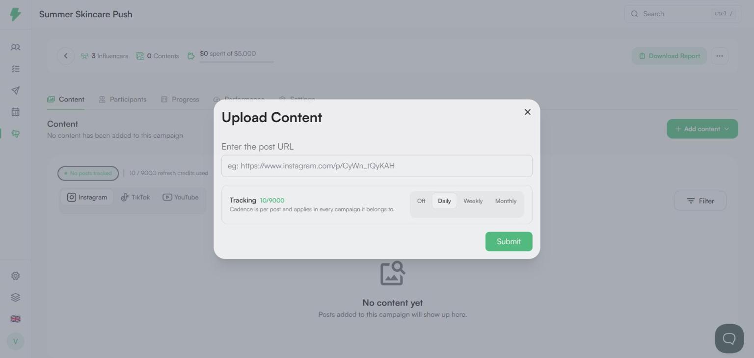 Upload Content dialog with tracking options