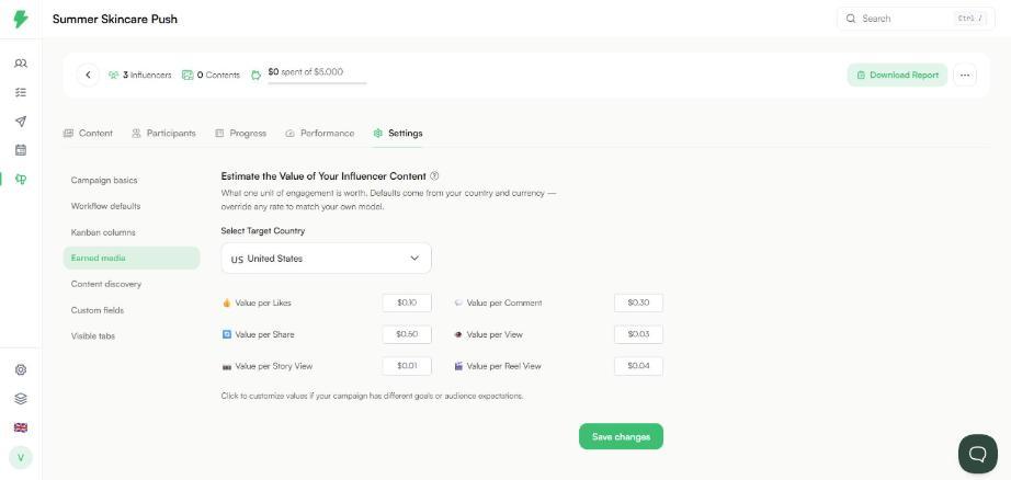 Earned media value settings