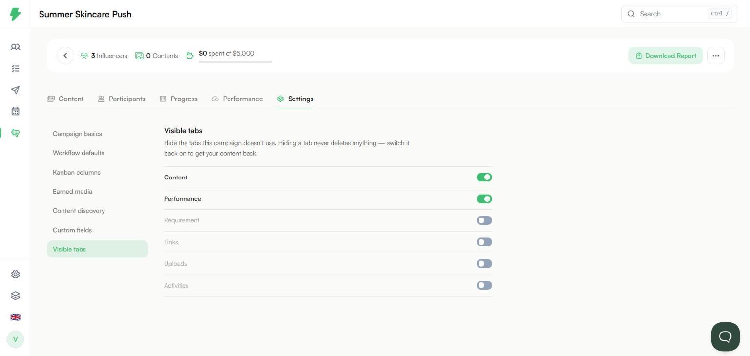 Visible tabs settings