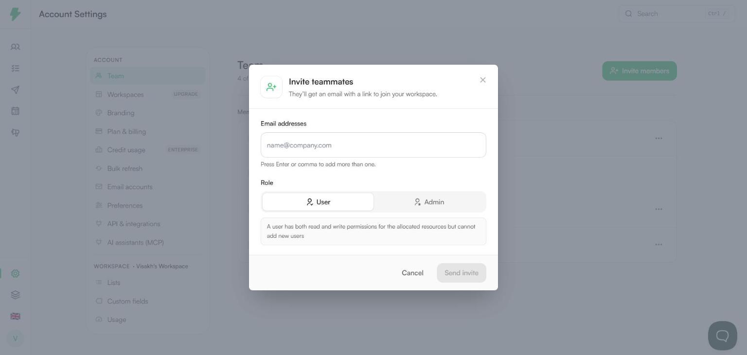 Invite teammates dialog