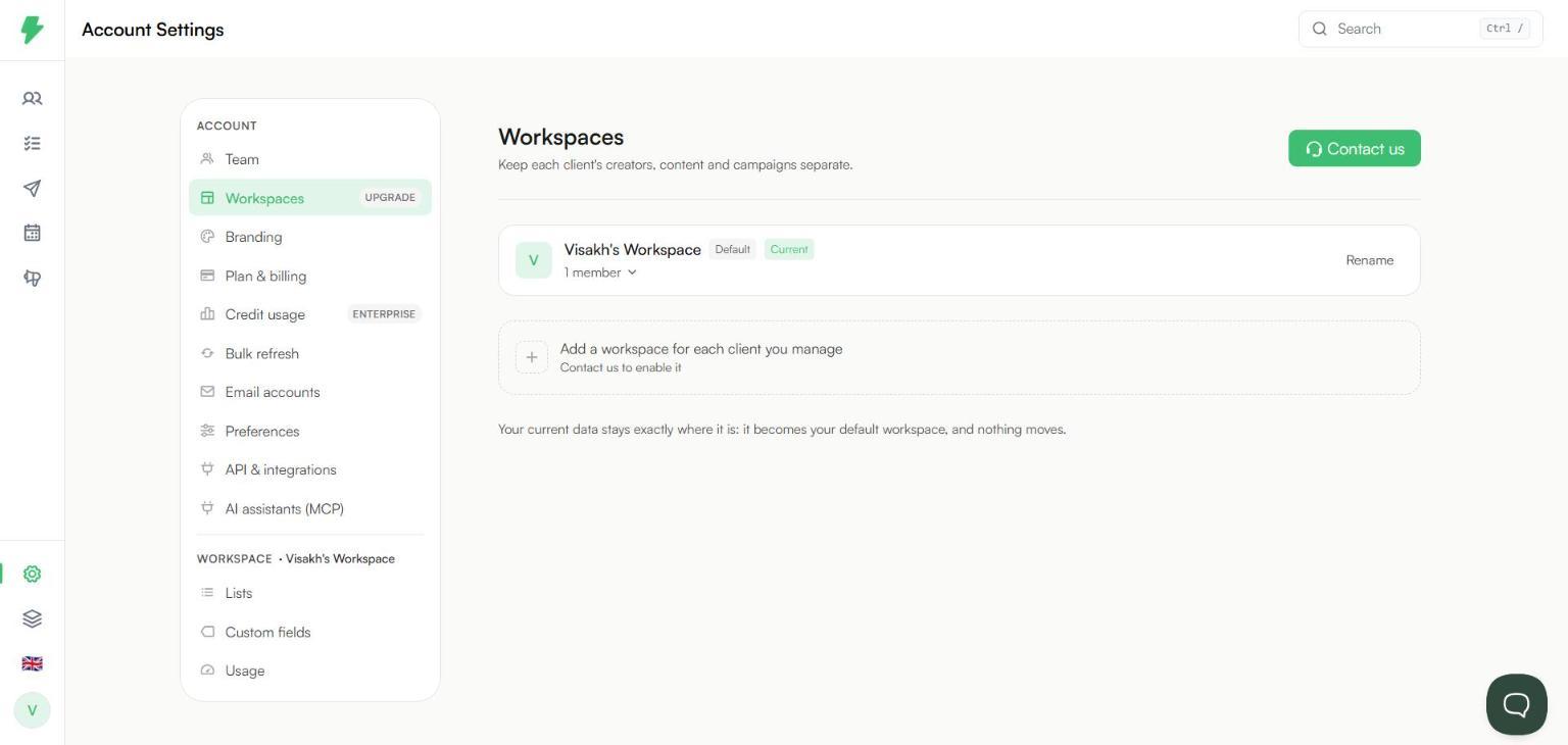 Workspaces page