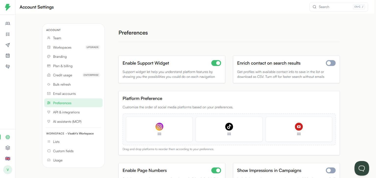Preferences page