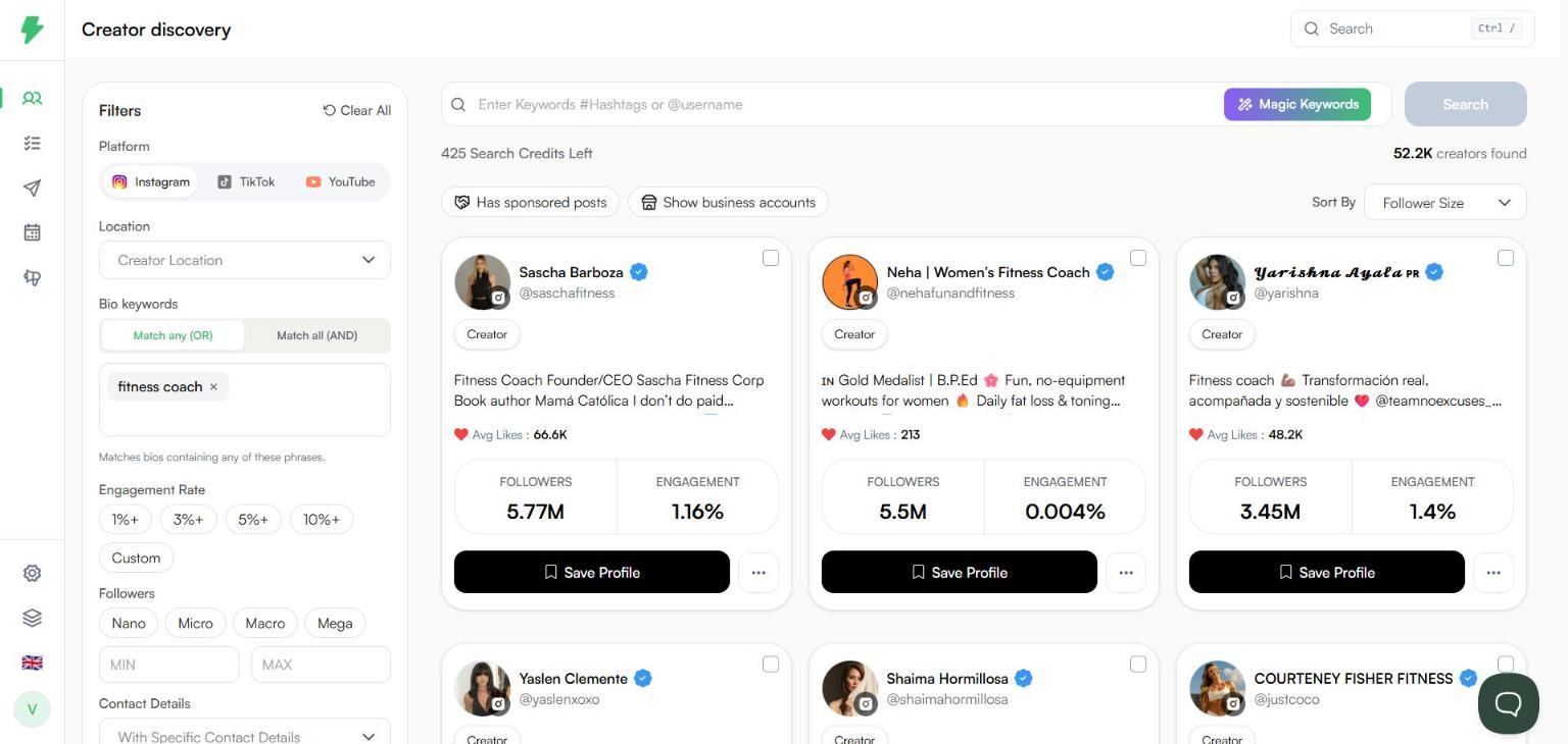 Search results with Save Profile on each card