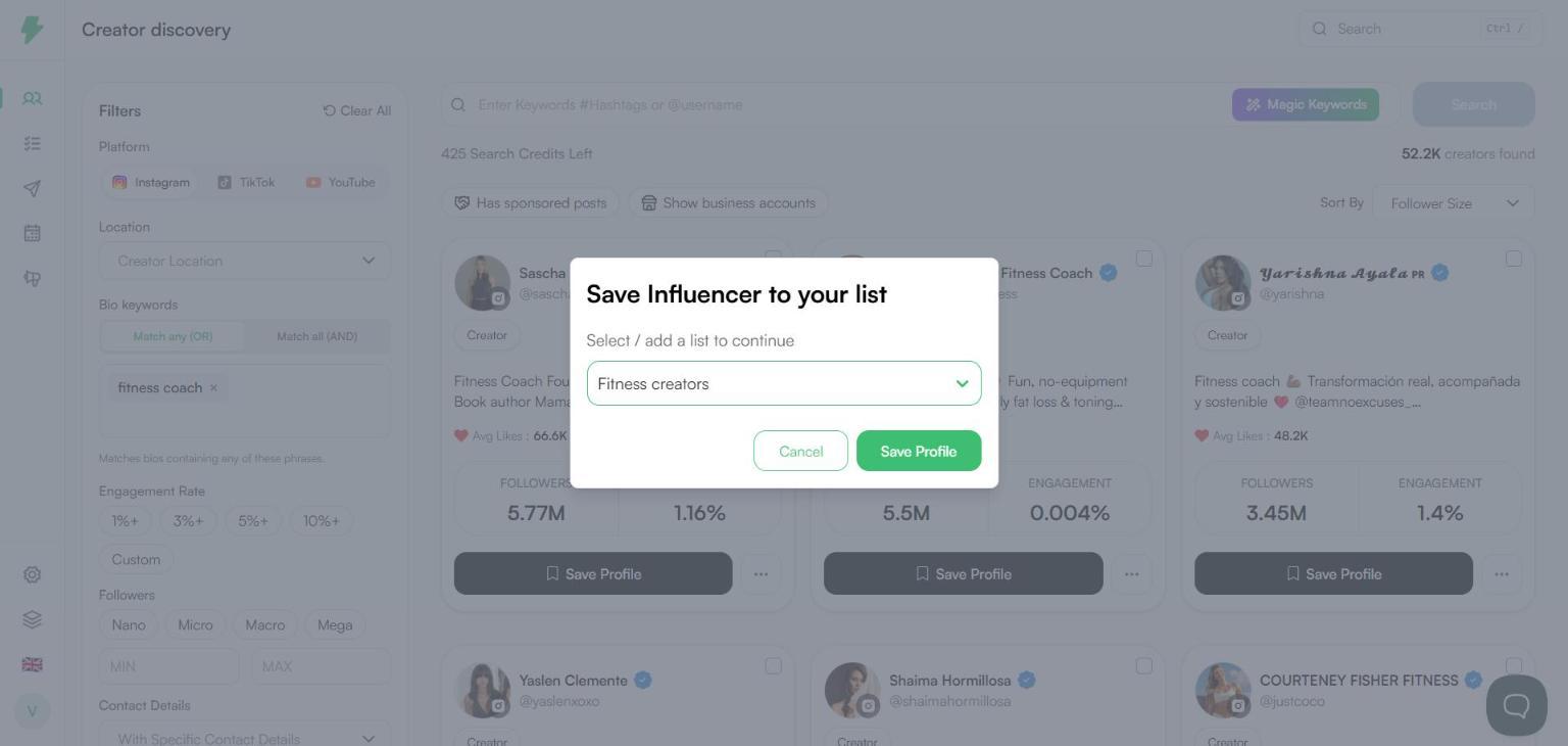 Save Influencer to your list dialog