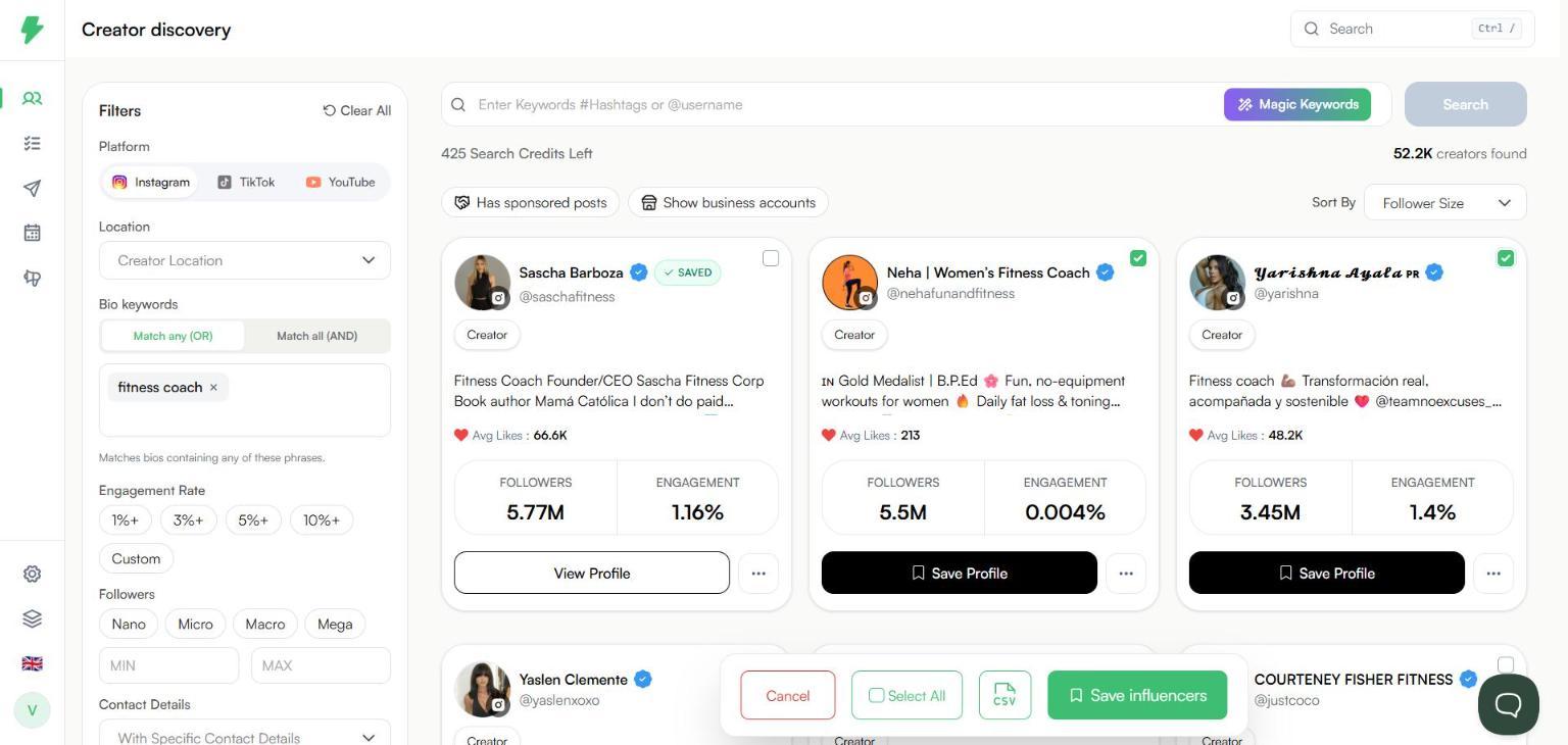 Bulk bar with Select All, CSV, and Save influencers