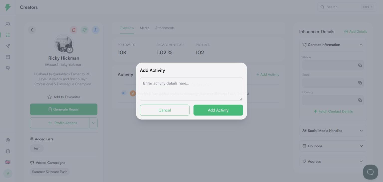 Add Activity dialog