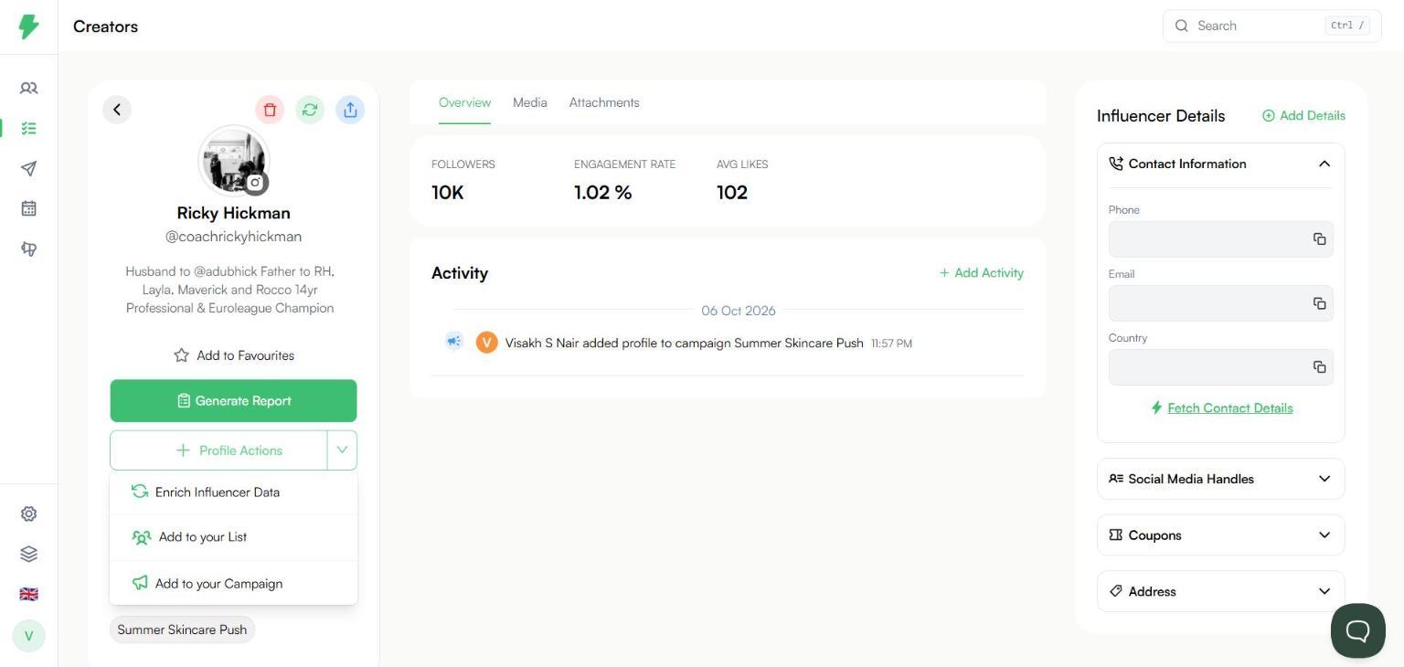 Profile Actions menu