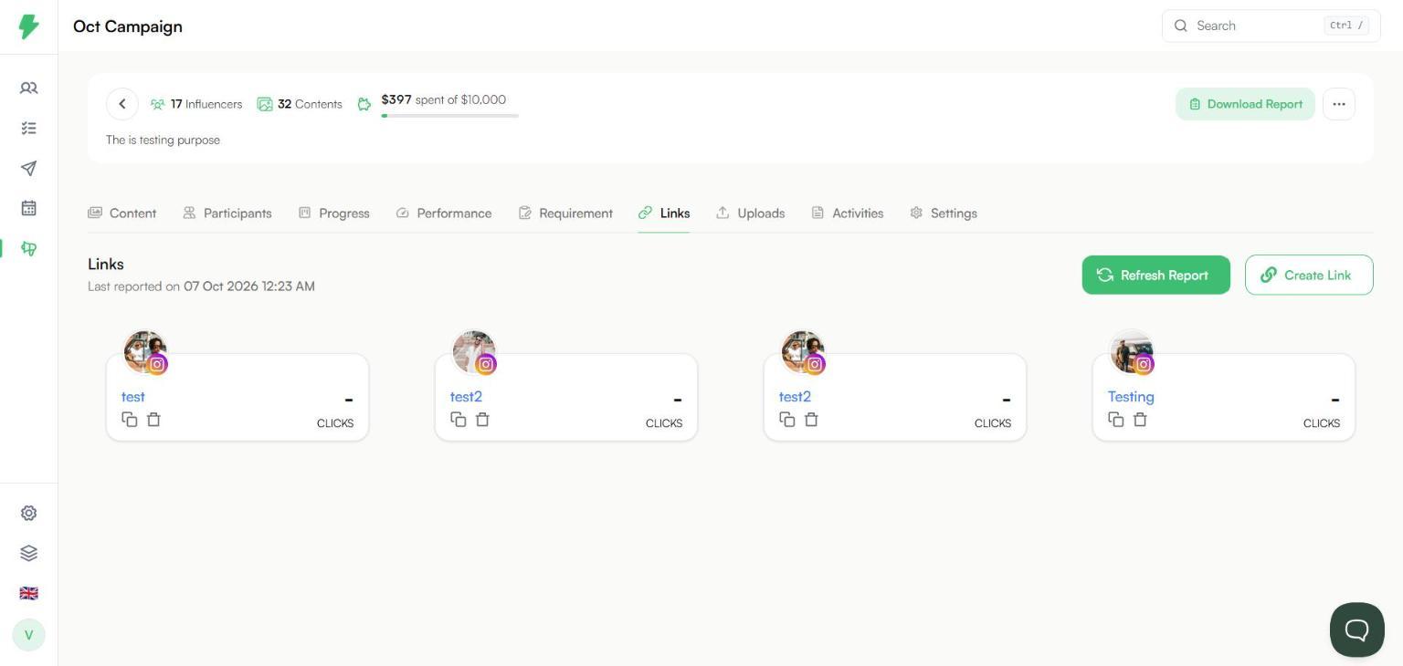 Links tab with tracking links