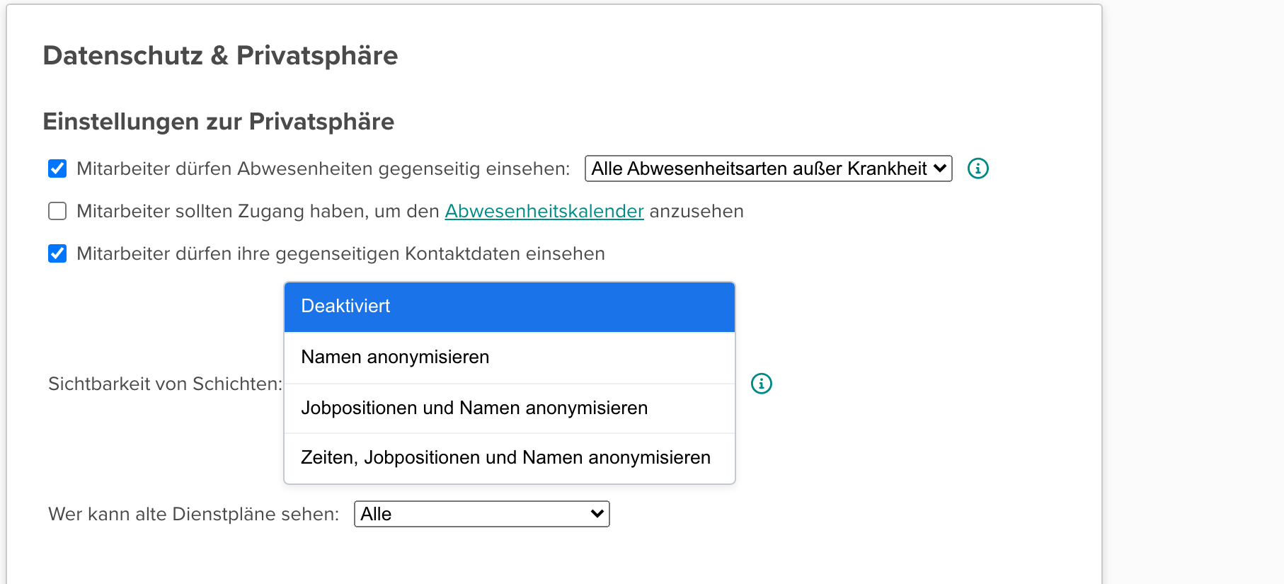 Einstellungen zur Privatsphäre mit dem Dropdown Sichtbarkeit von Schichten