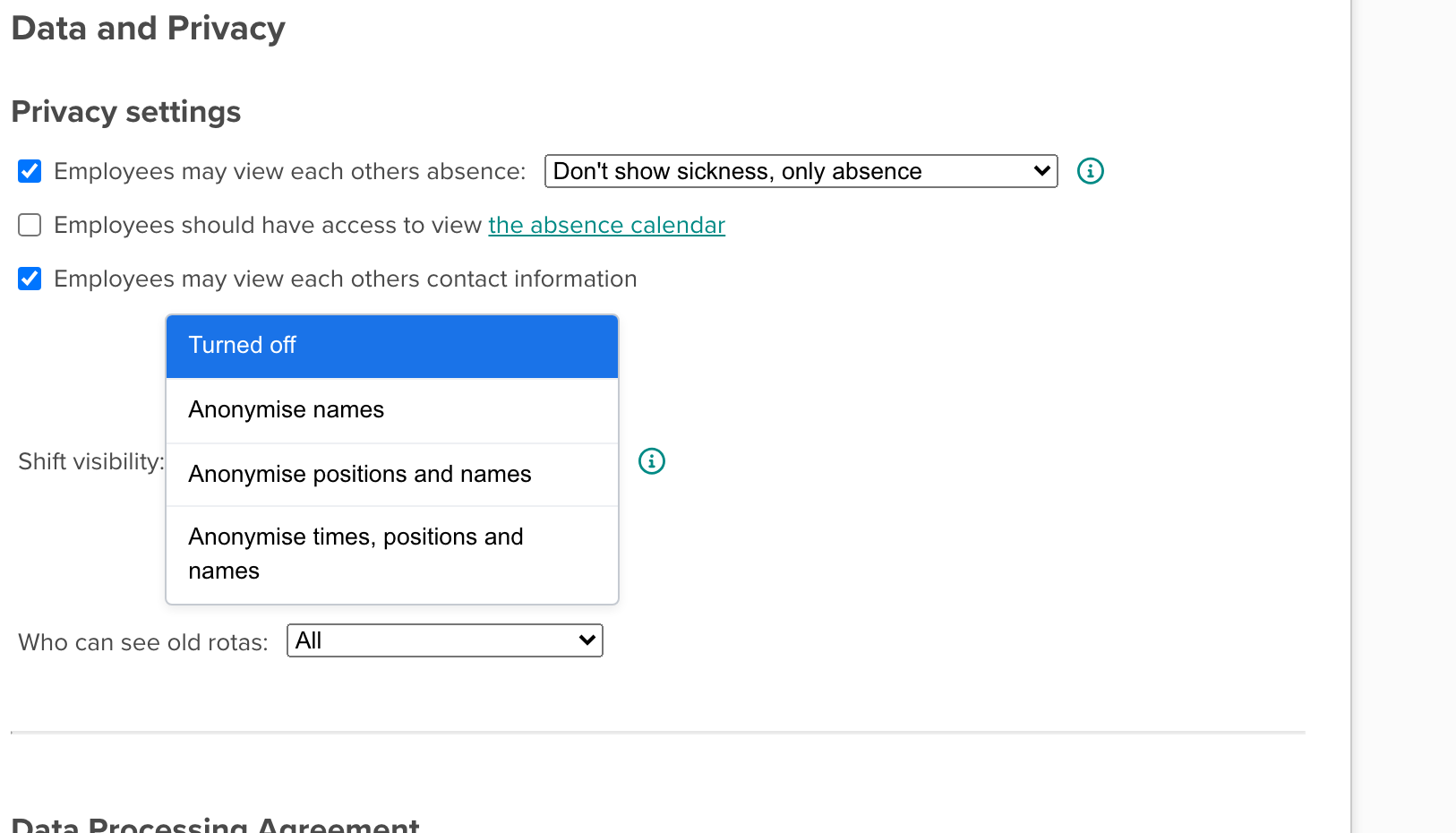 Privacy settings with the Shift visibility dropdown