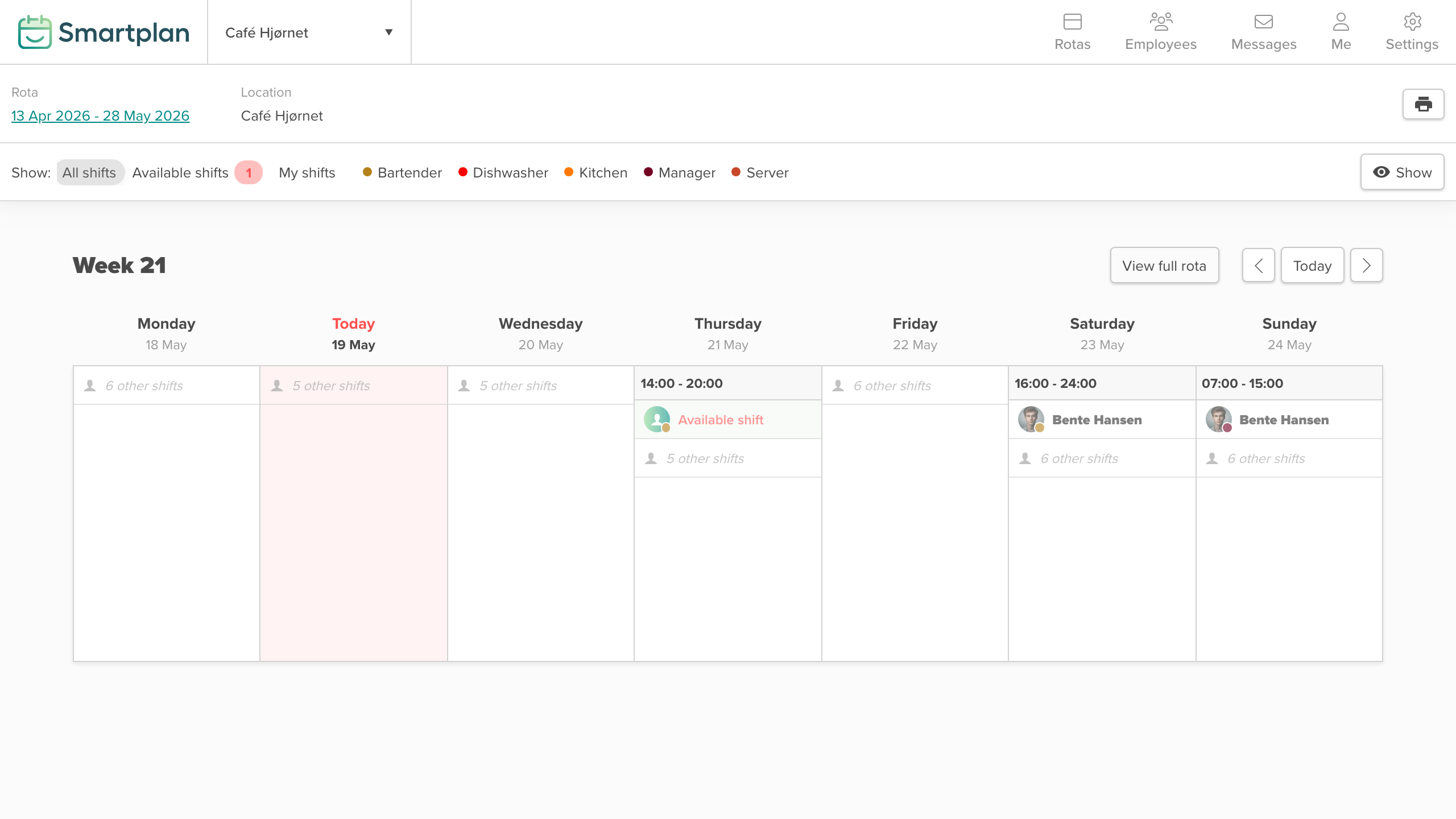 Rota with colleagues' shifts hidden — only own shifts and a count