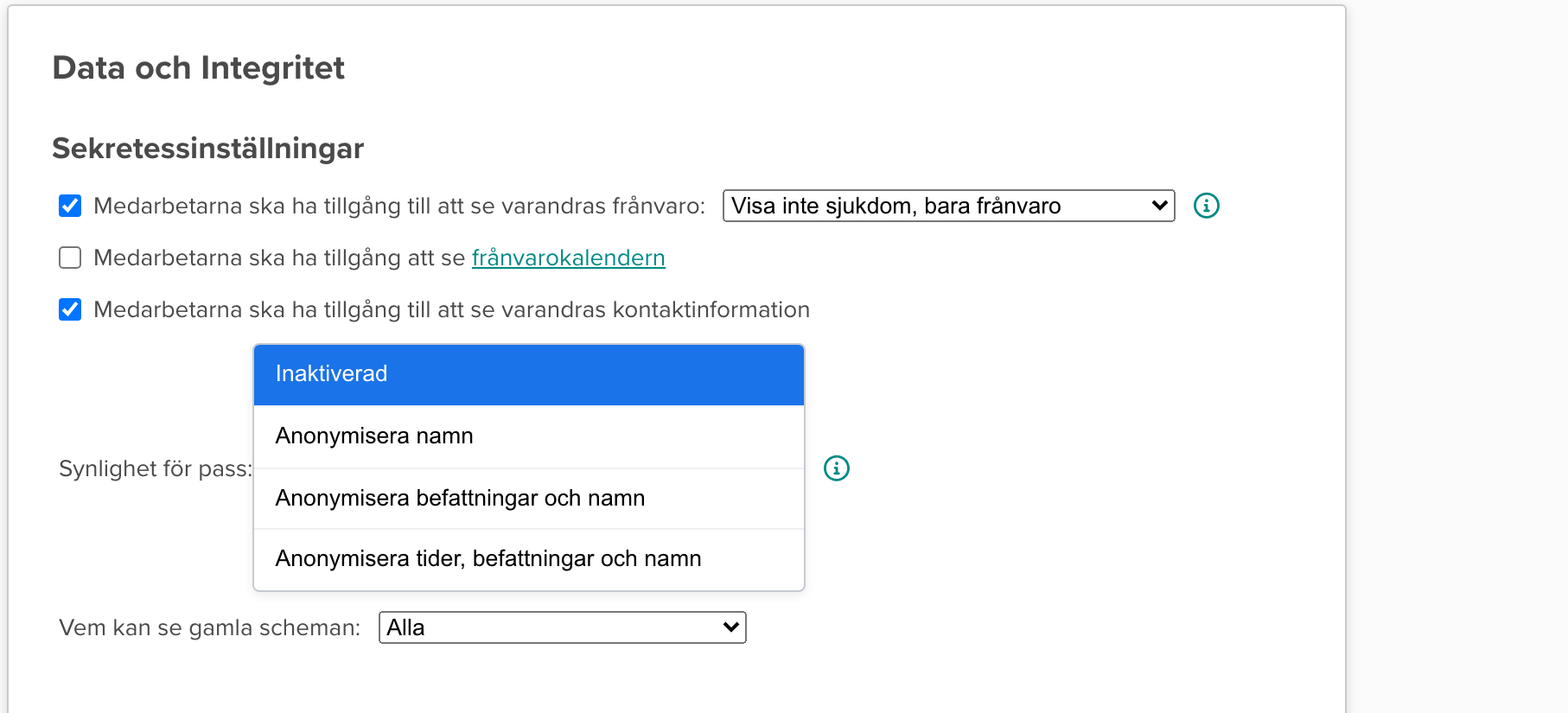 Sekretessinställningar med rullgardinsmenyn Synlighet för pass