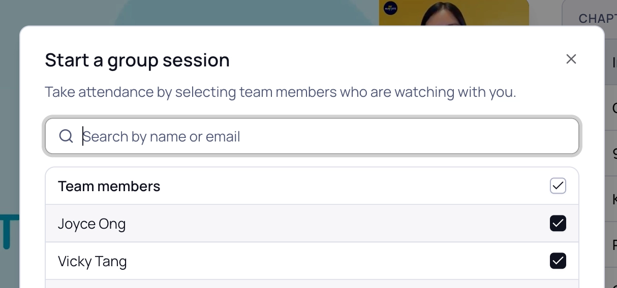 Start a group session dialog with attending members selected
