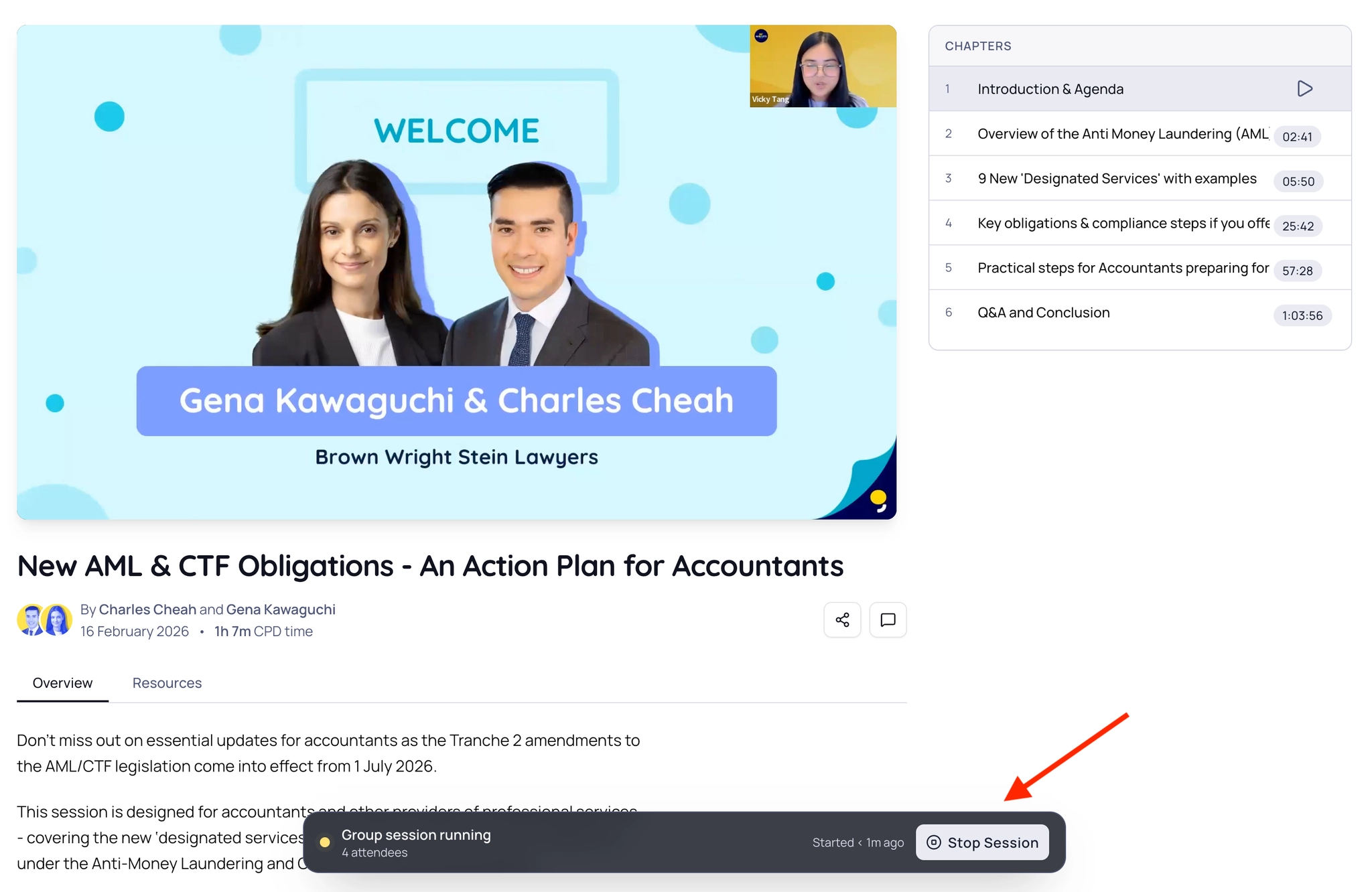 Video page with the Group session toolbar and Stop Session button