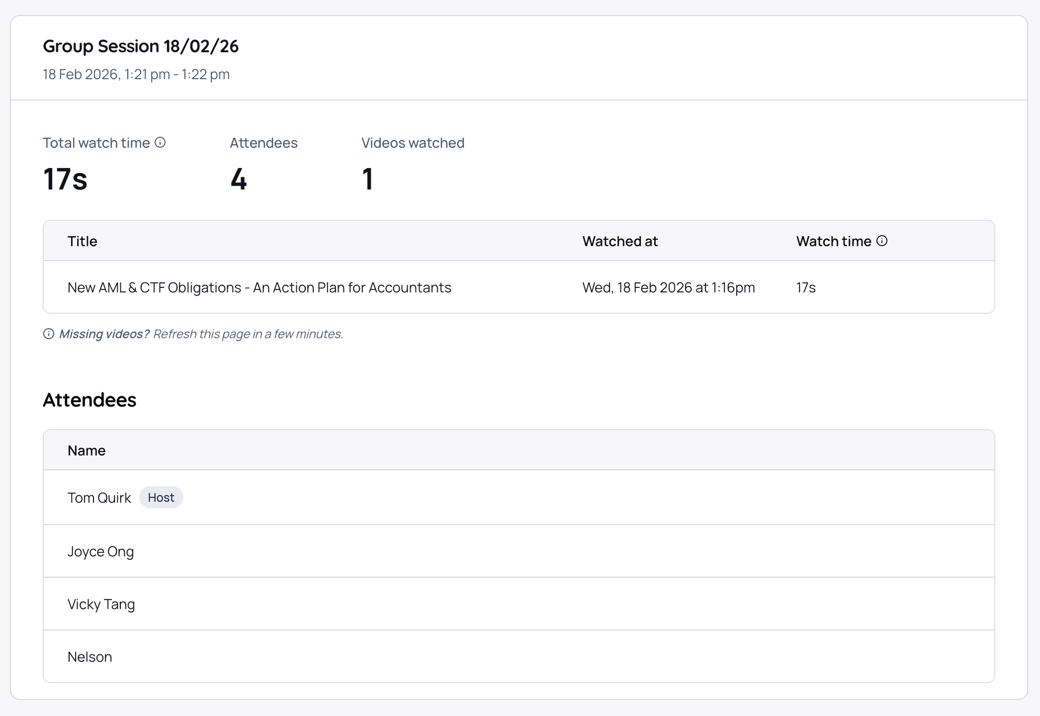 Group Session report showing watch time, attendees and videos watched