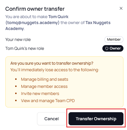 Ownership transfer confirmation dialog