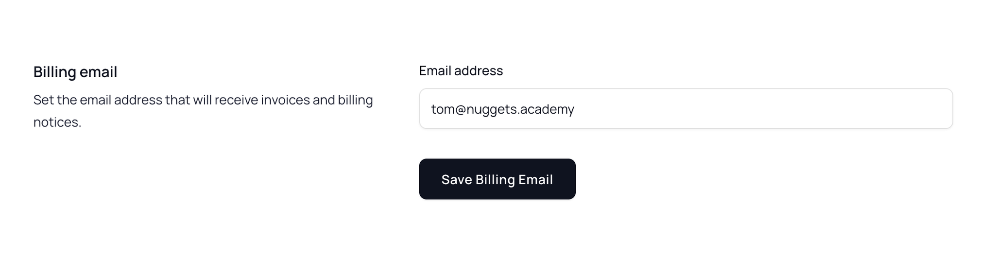 Organisation billing page with the Billing email field