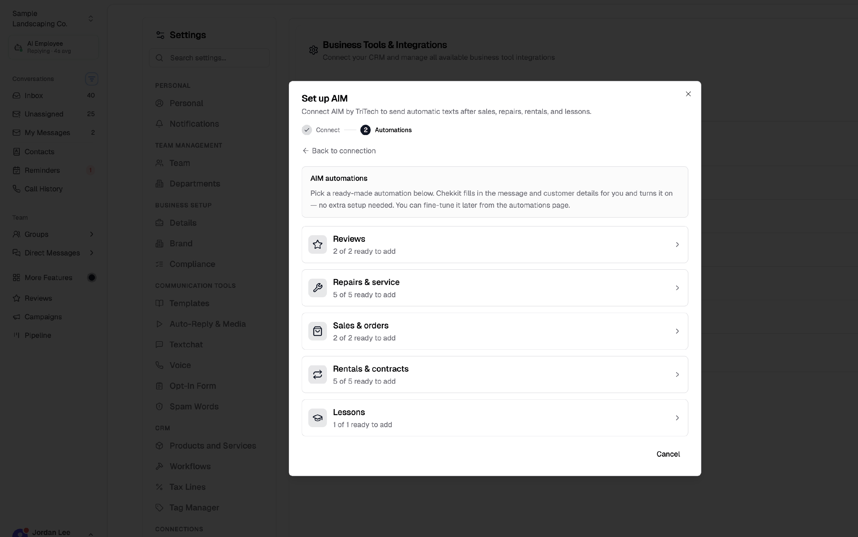 AIM quick-setup category picker: Reviews, Repairs & service, Sales & orders, Rentals & contracts, and Lessons