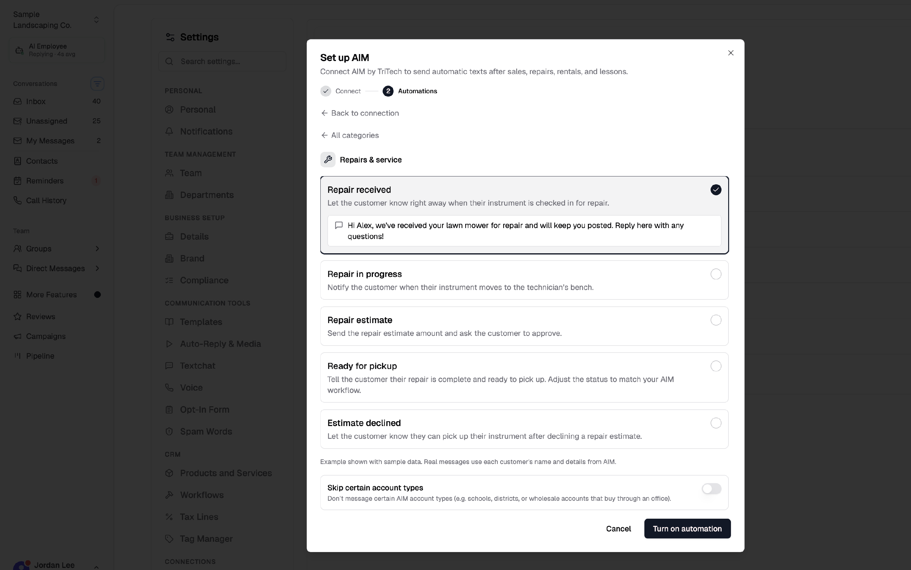 AIM Repairs & service templates with optional Skip certain account types toggle