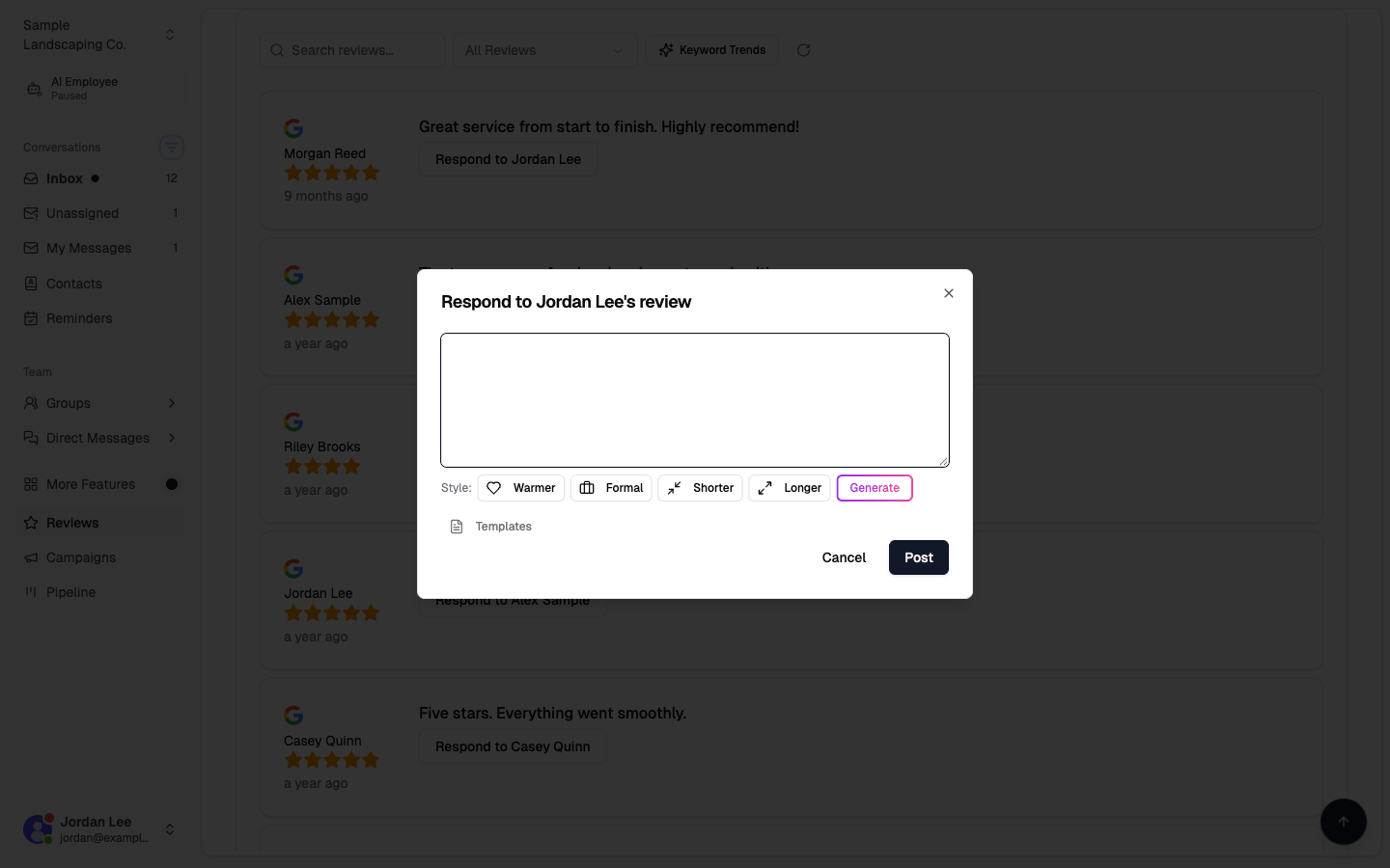 Respond dialog with Style chips and Generate button