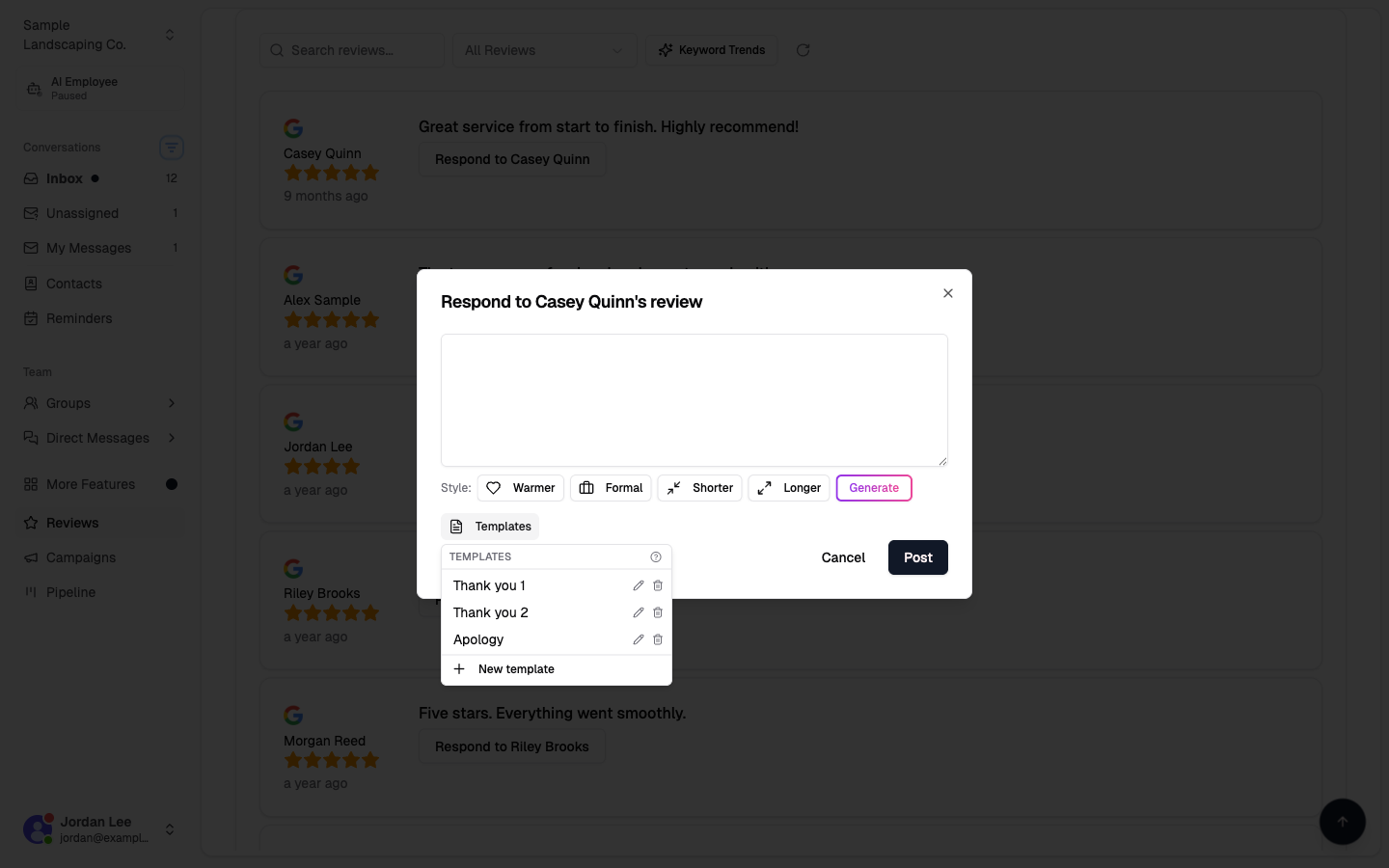 Templates popover listing saved templates with New template option