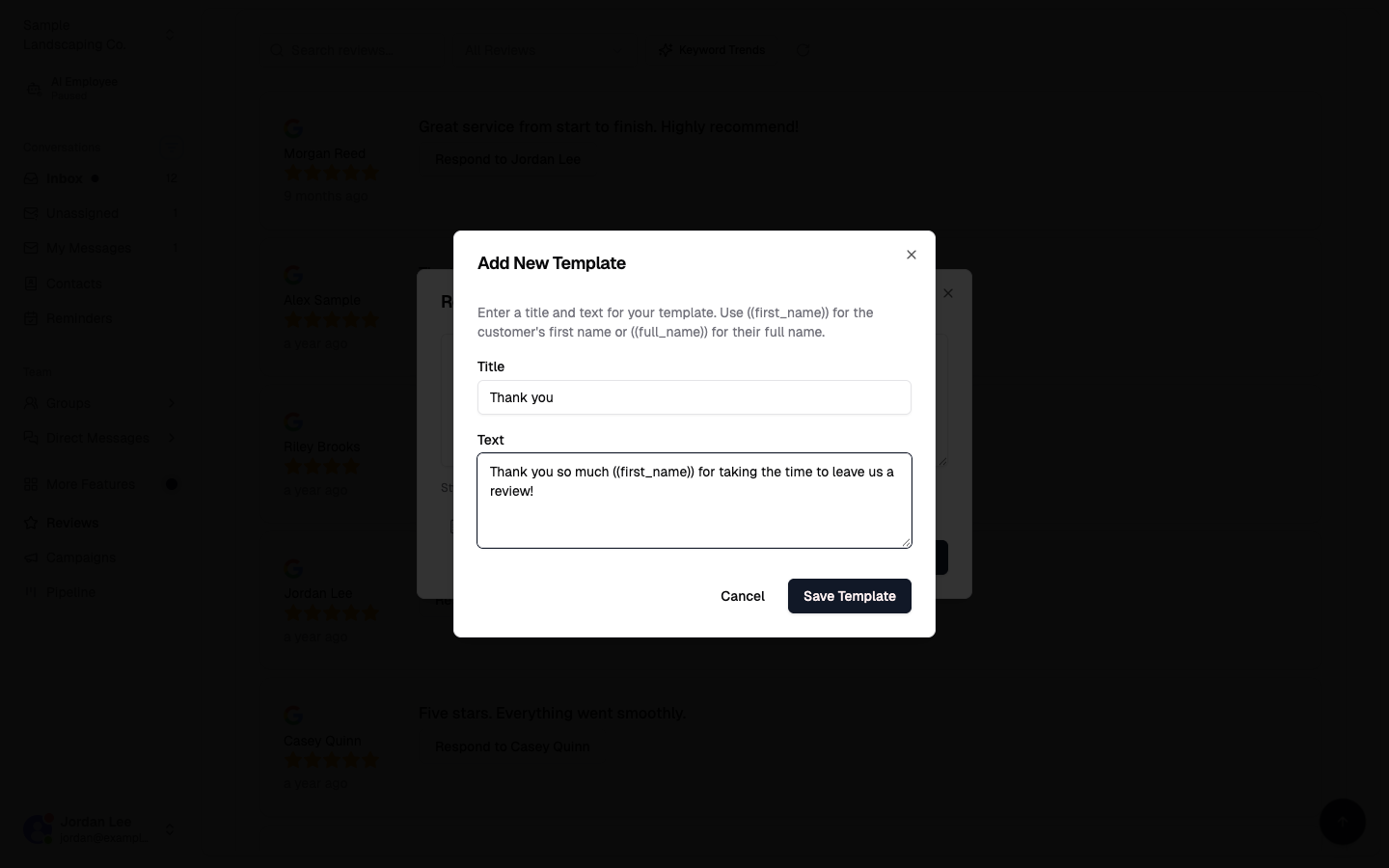 Add New Template dialog with title, text, and ((first_name)) placeholder