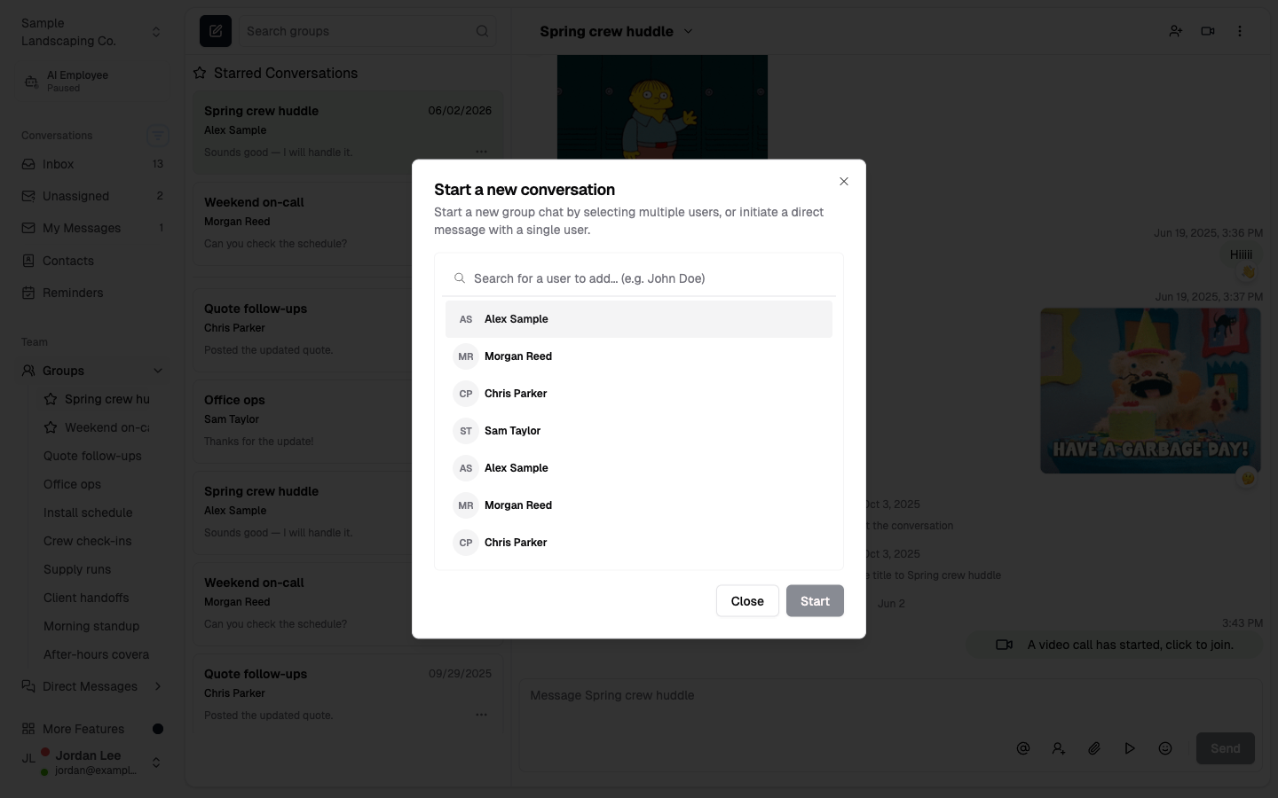 Start a new conversation dialog with teammates listed by initials