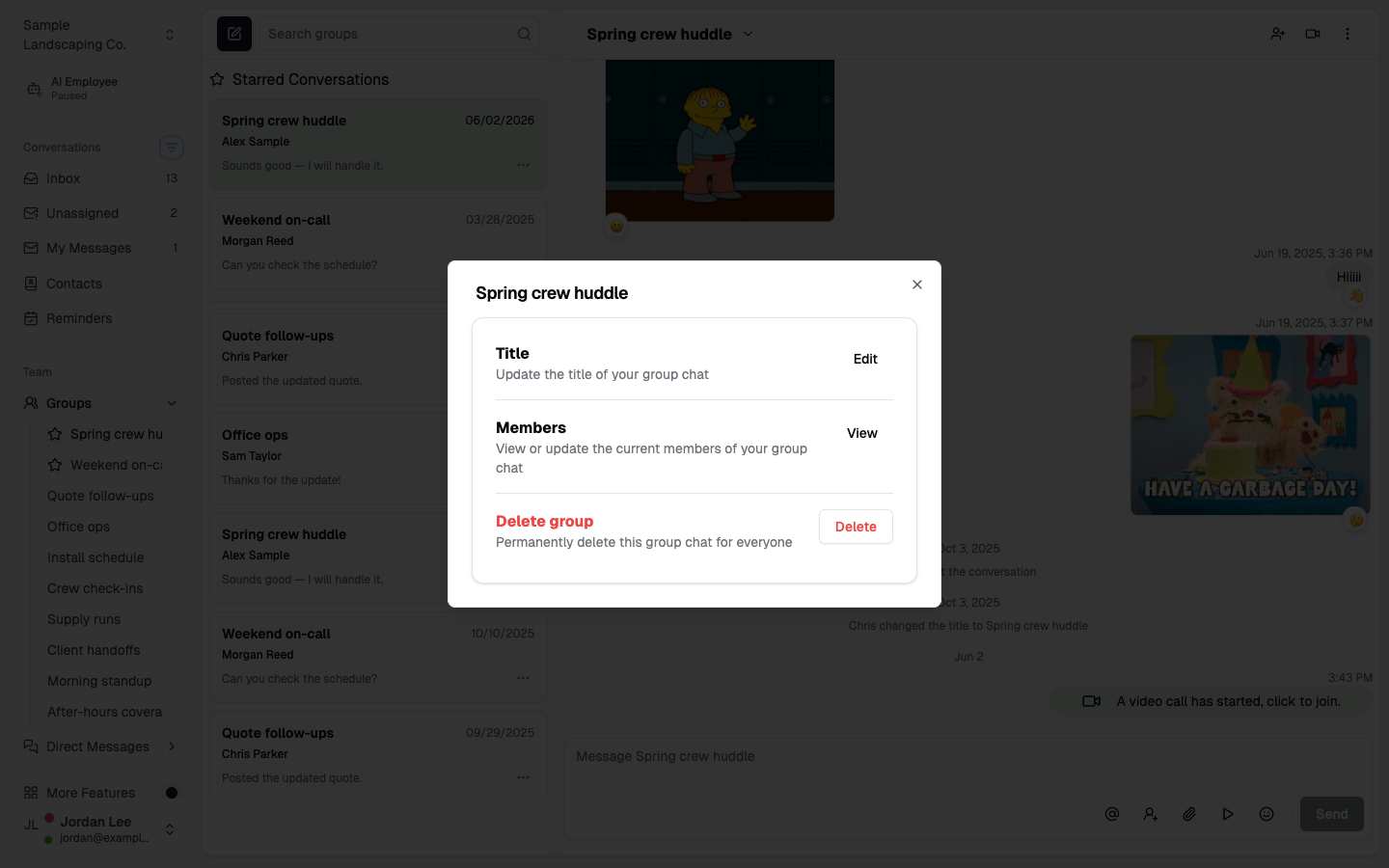 Group details dialog with Title, Members, and Delete group options