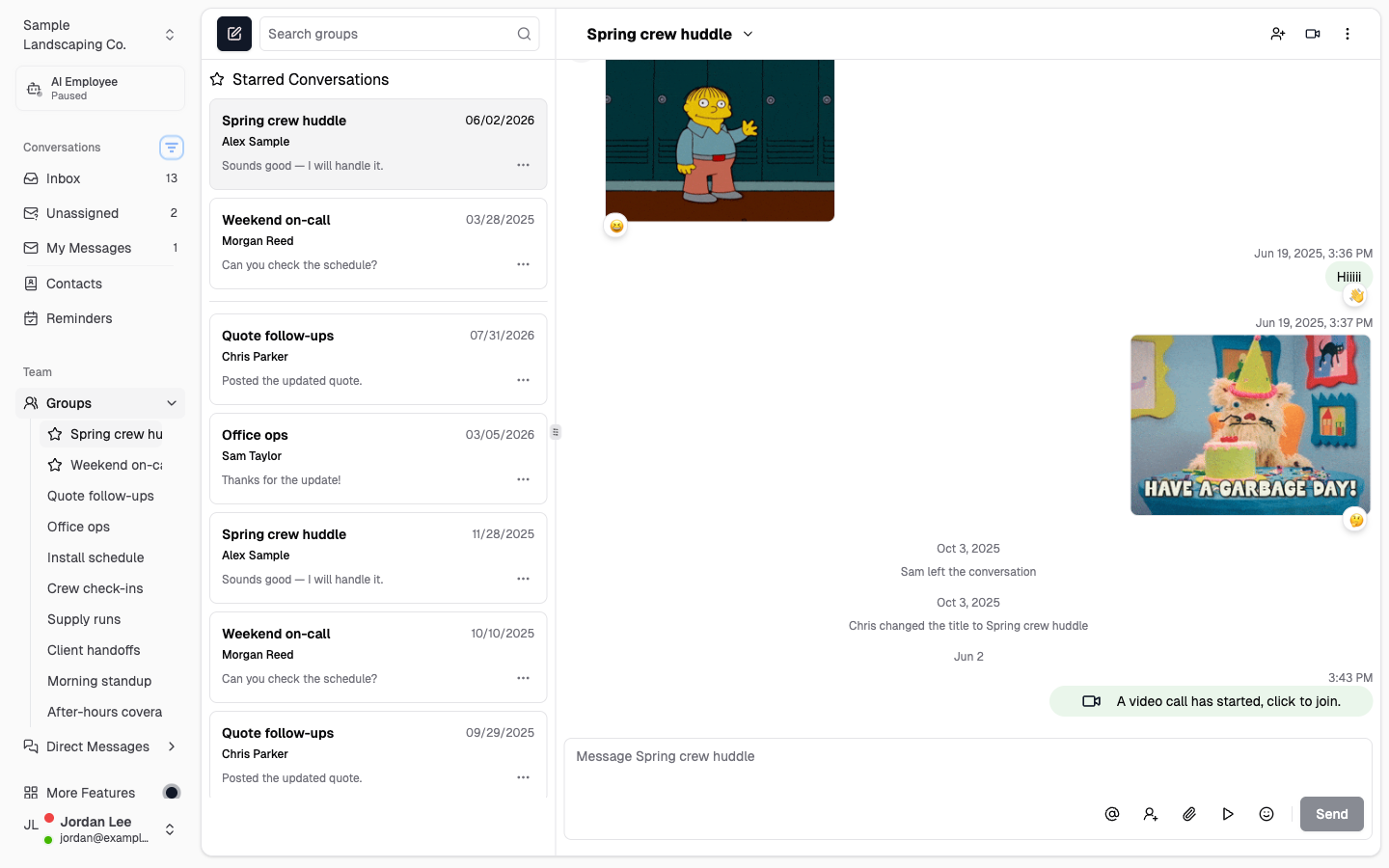 Group Chat open with conversation list and Spring crew huddle thread