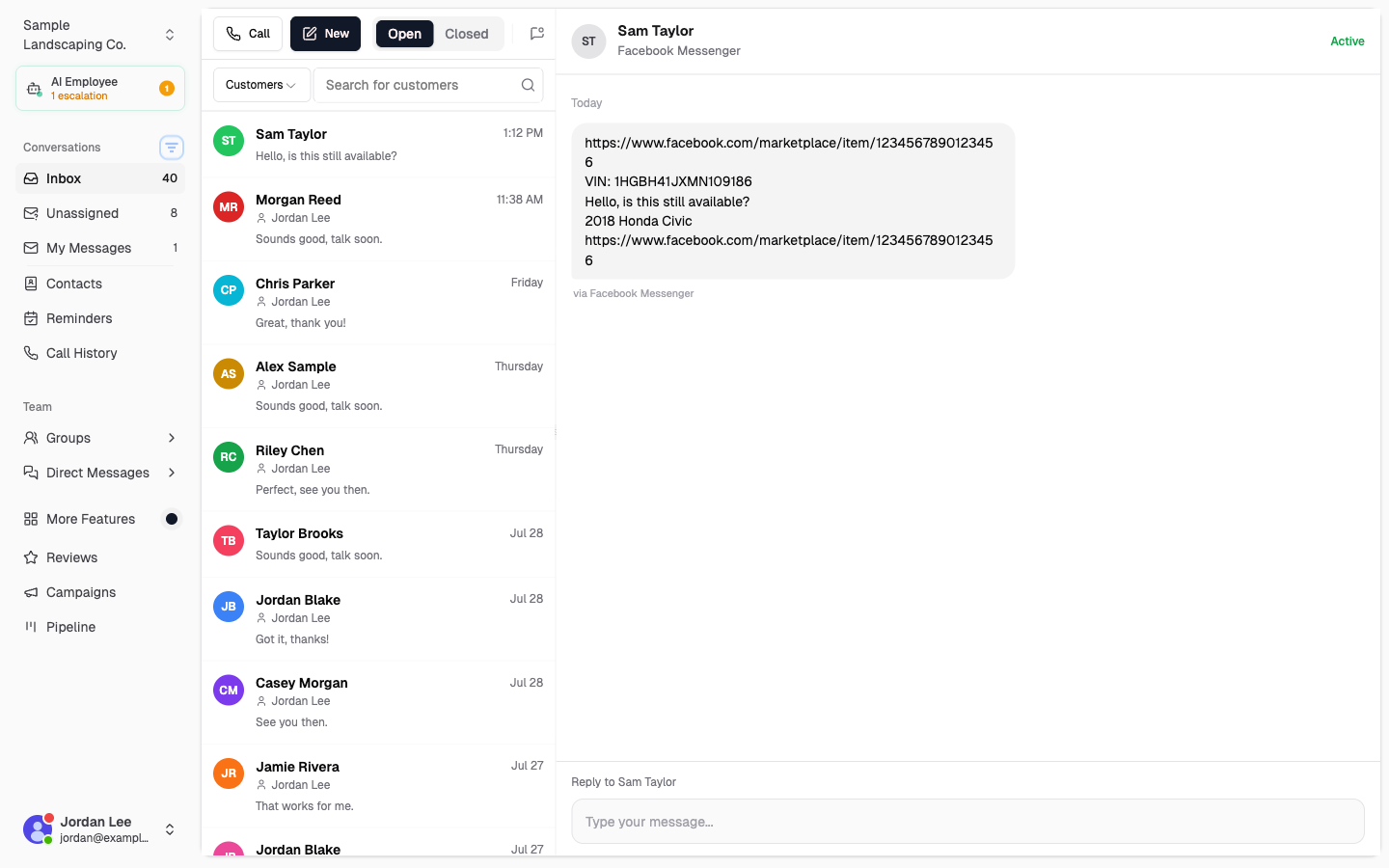 Chekkit Inbox showing a Facebook Marketplace message with listing link, VIN, buyer message, and item name