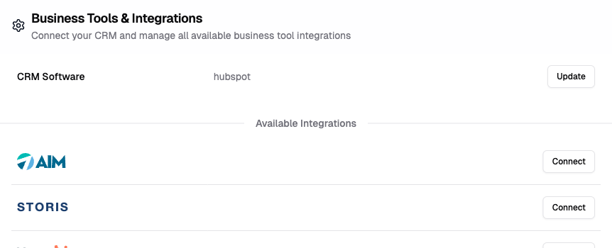 STORIS in Business Tools & Integrations on the CRM & Tools settings page