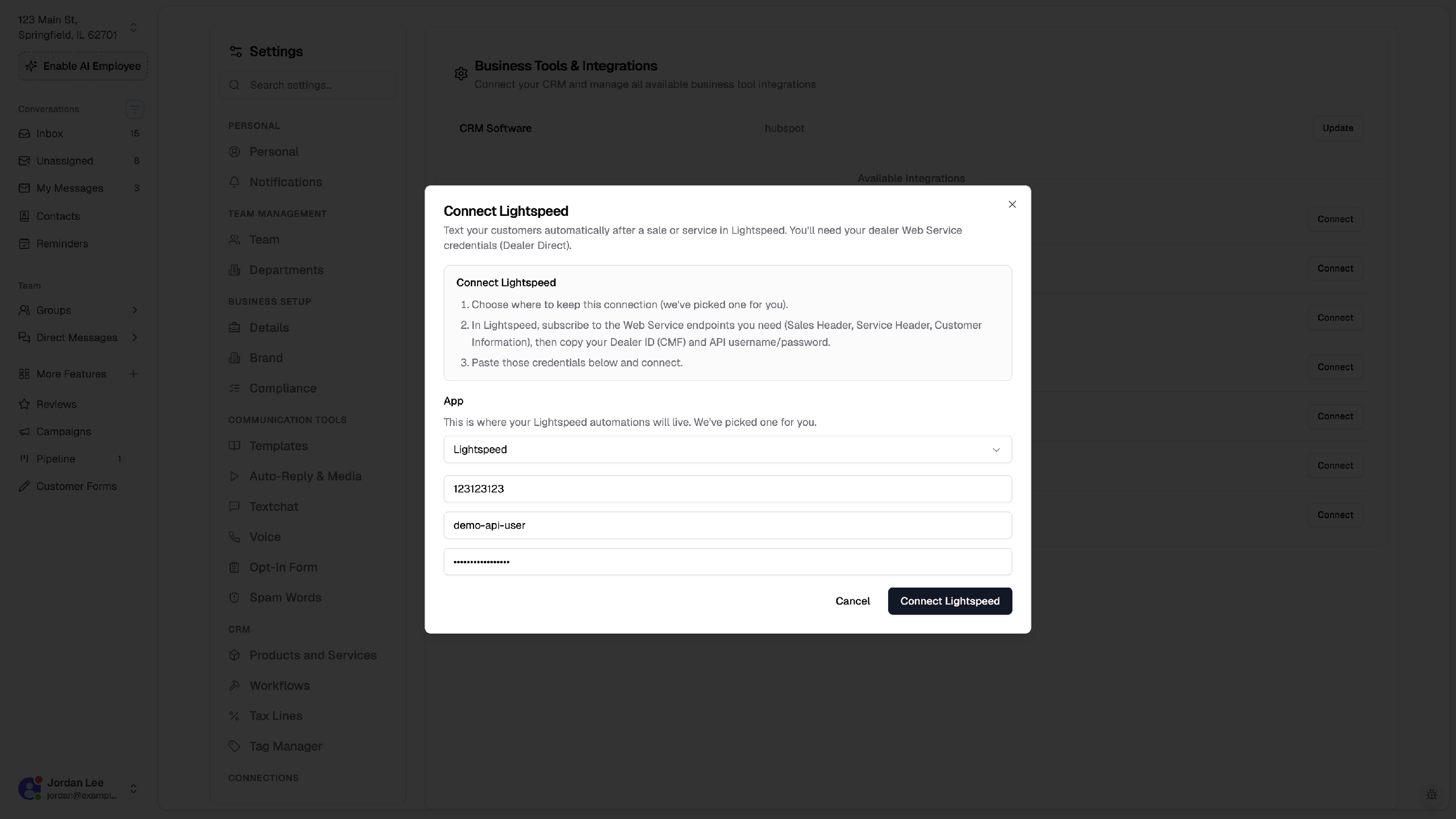 Lightspeed connect dialog with Dealer ID, API username, API password, and Connect Lightspeed button