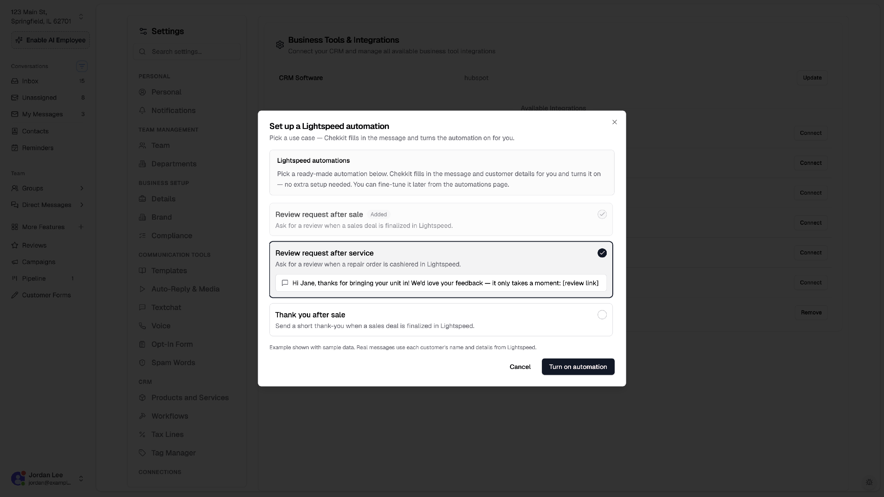 Lightspeed quick-setup automation templates: review request after sale, review request after service, and thank you after sale