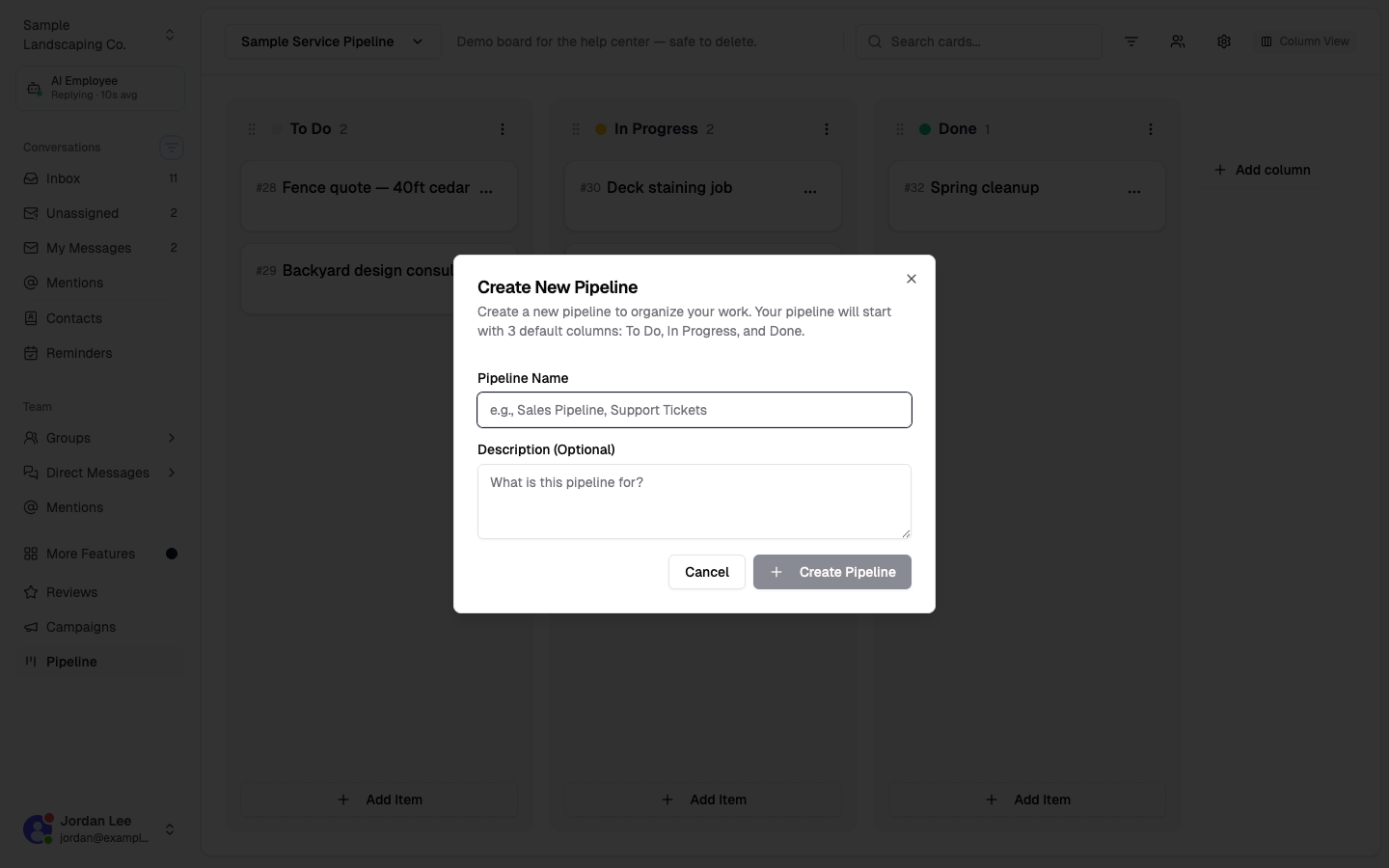 Create New Pipeline dialog with name and description fields