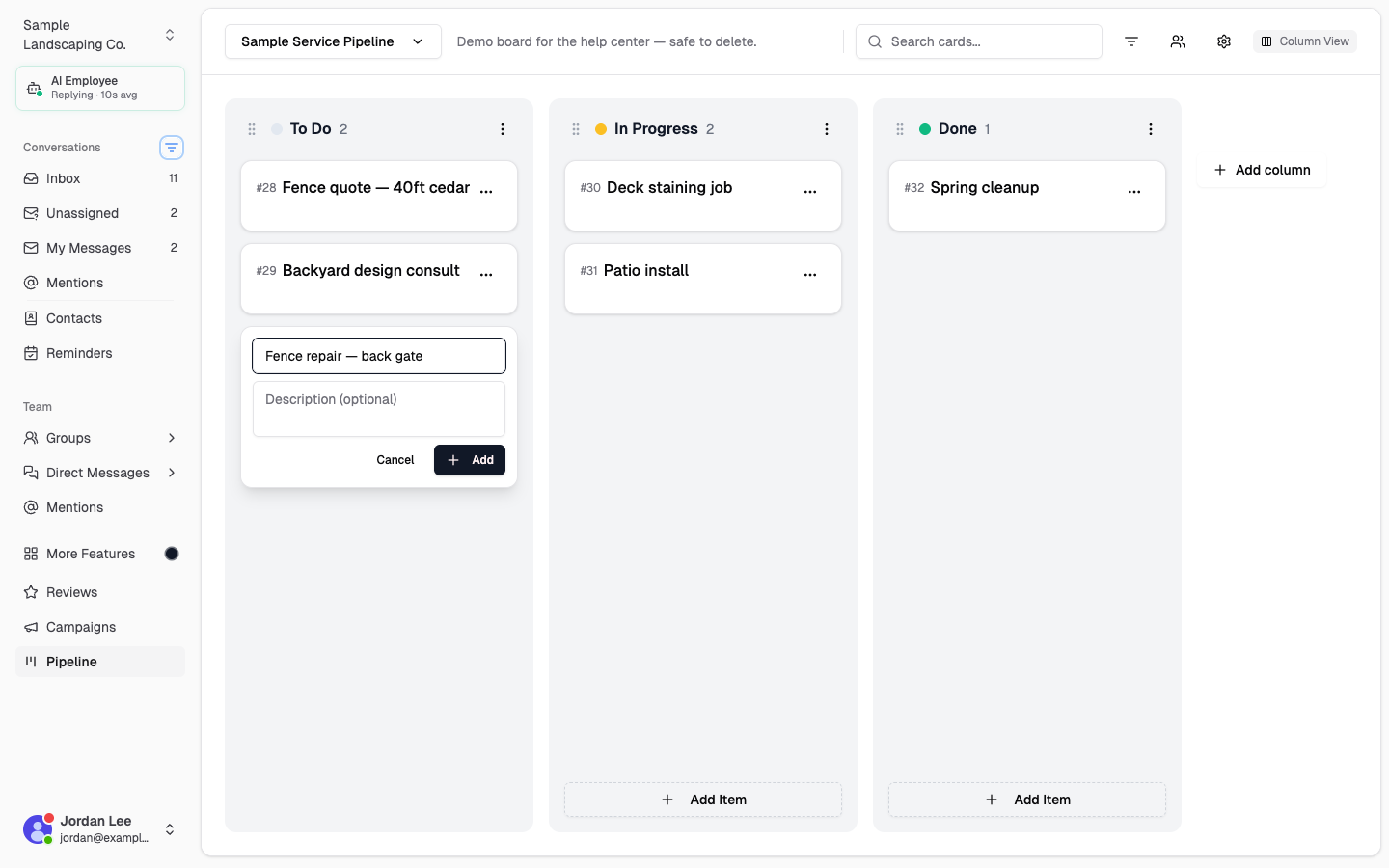 Add Item form open at the bottom of a column