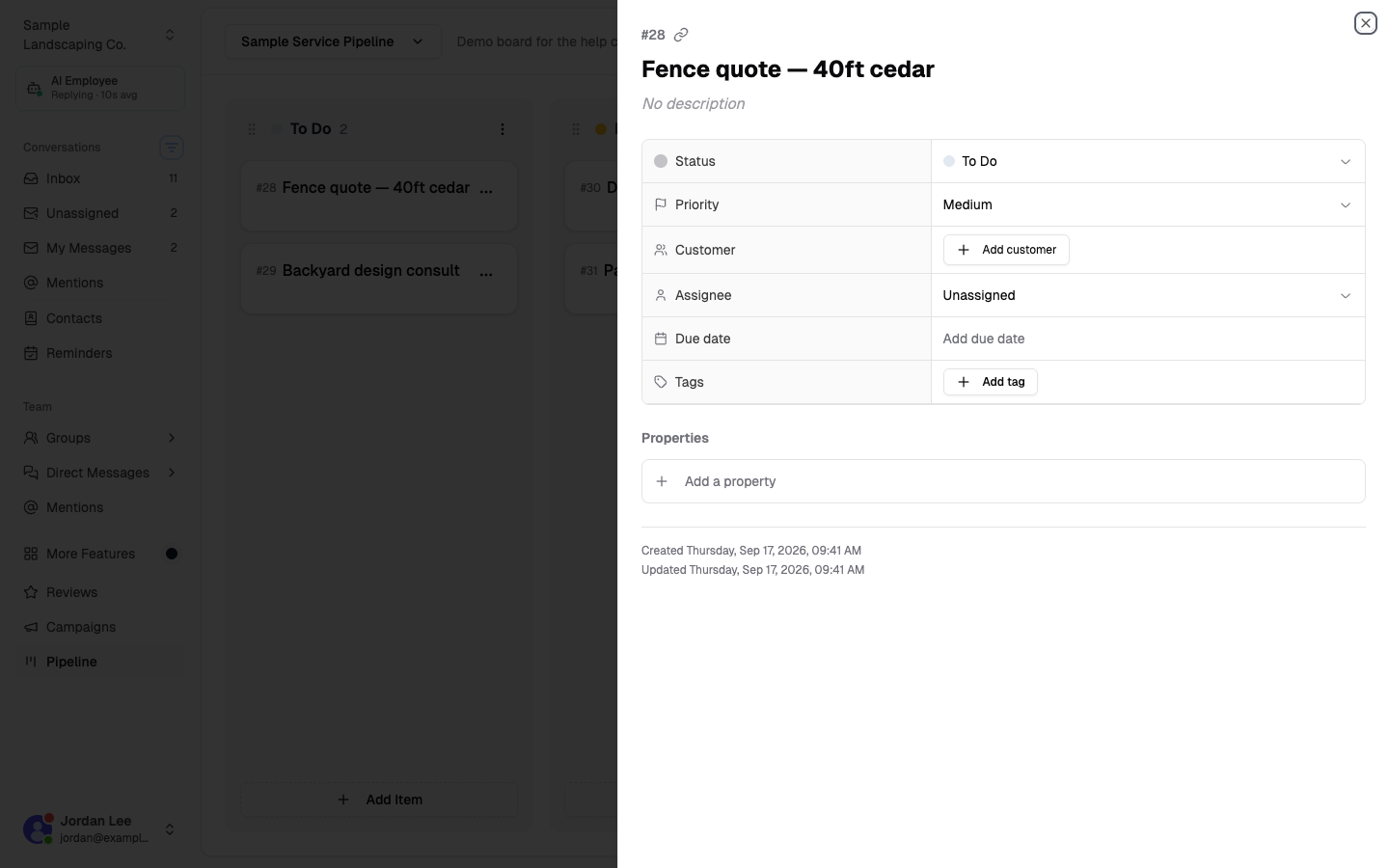 Card detail panel showing status, priority, customer, assignee, due date, tags, and properties