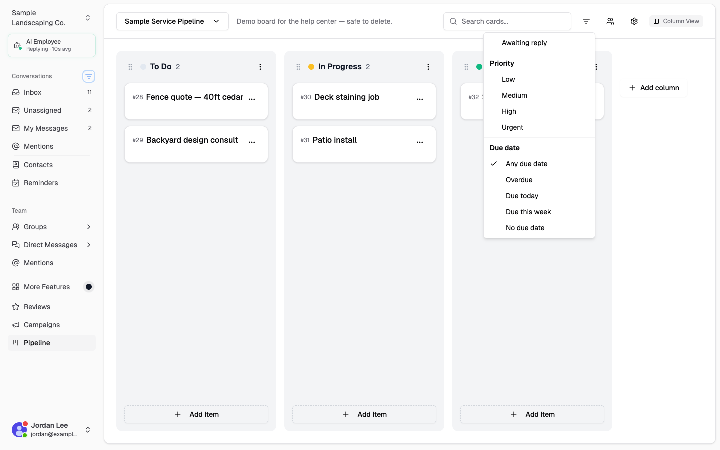 Filter menu with Awaiting reply, Priority, and Due date options