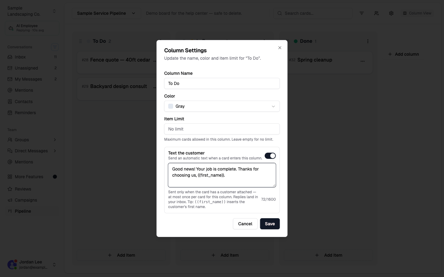 Column Settings dialog with Text the customer turned on