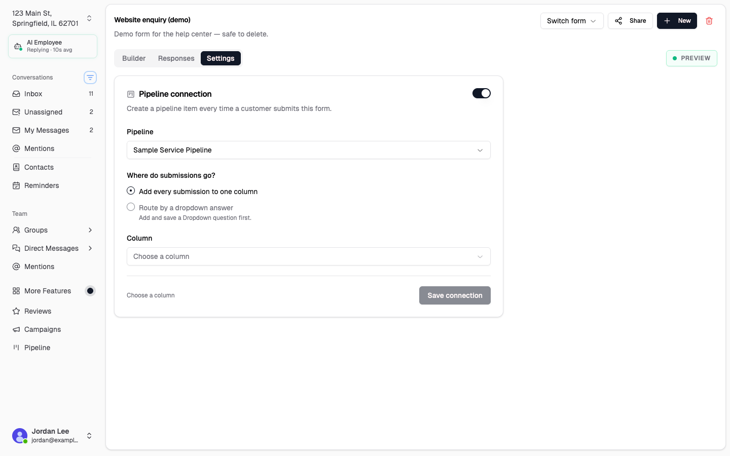 Form Settings tab with Pipeline connection turned on