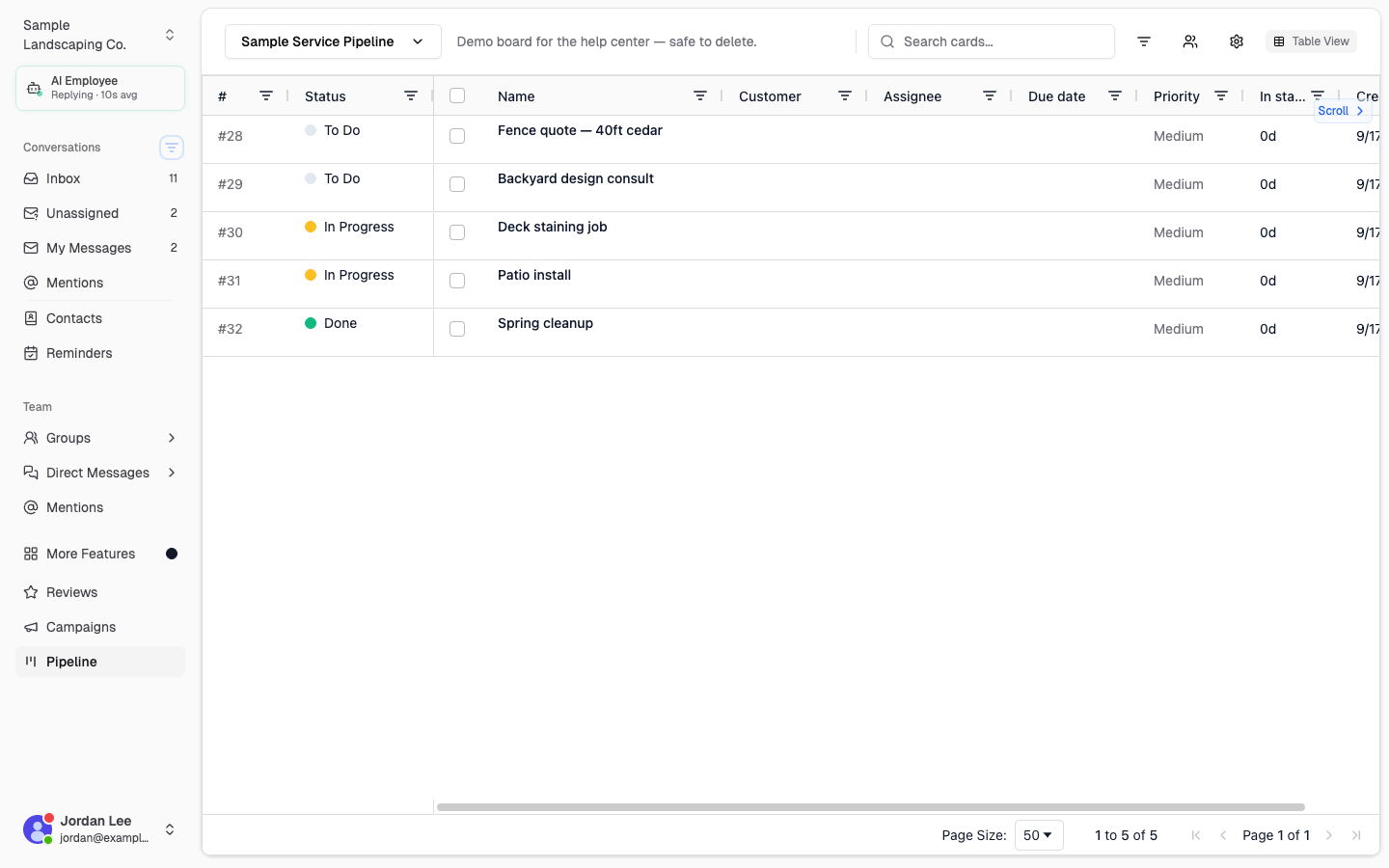 Pipeline table view with bulk-select checkboxes and sortable columns