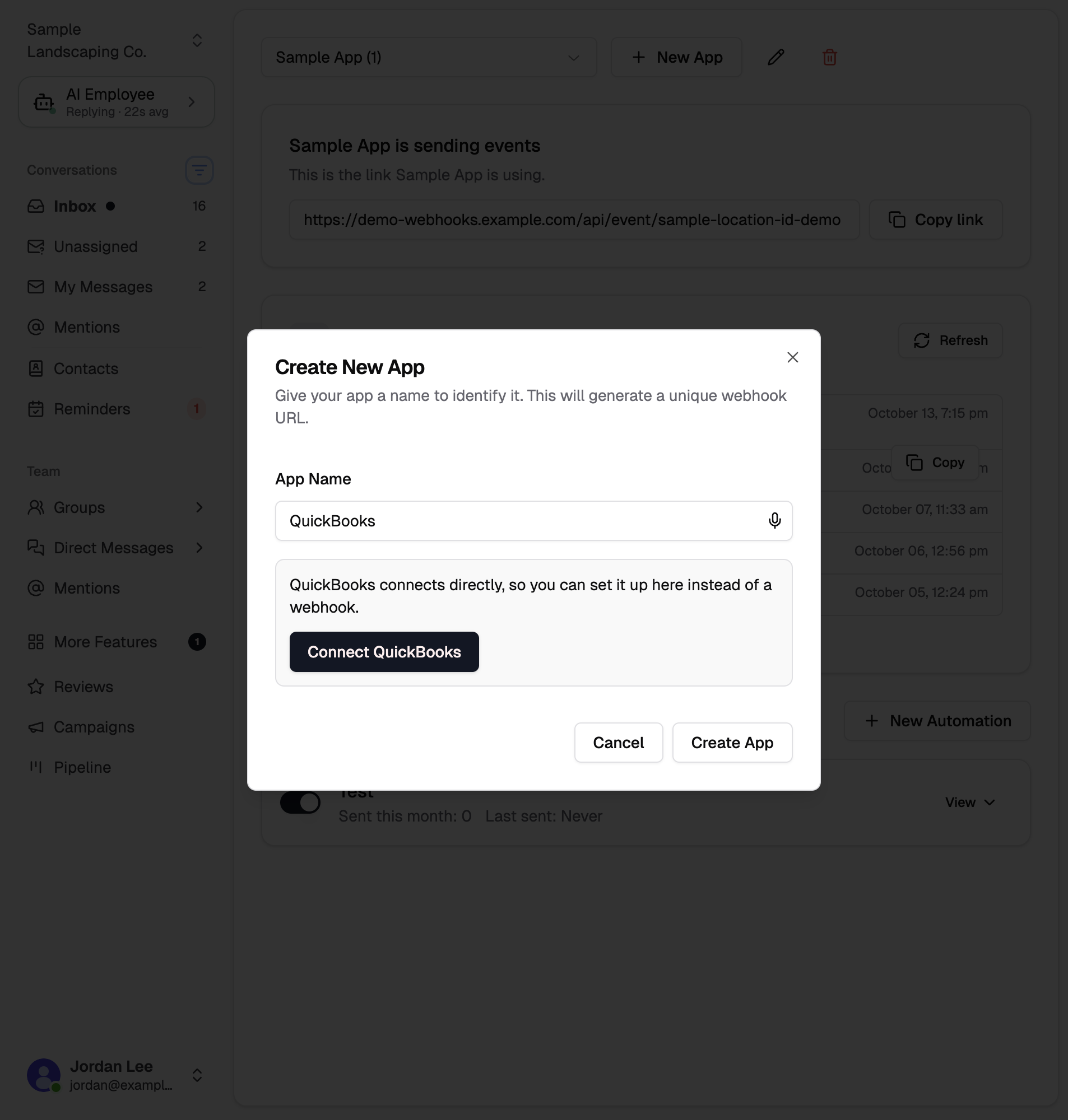 New App dialog on Events and Triggers with QuickBooks typed and a Connect QuickBooks button