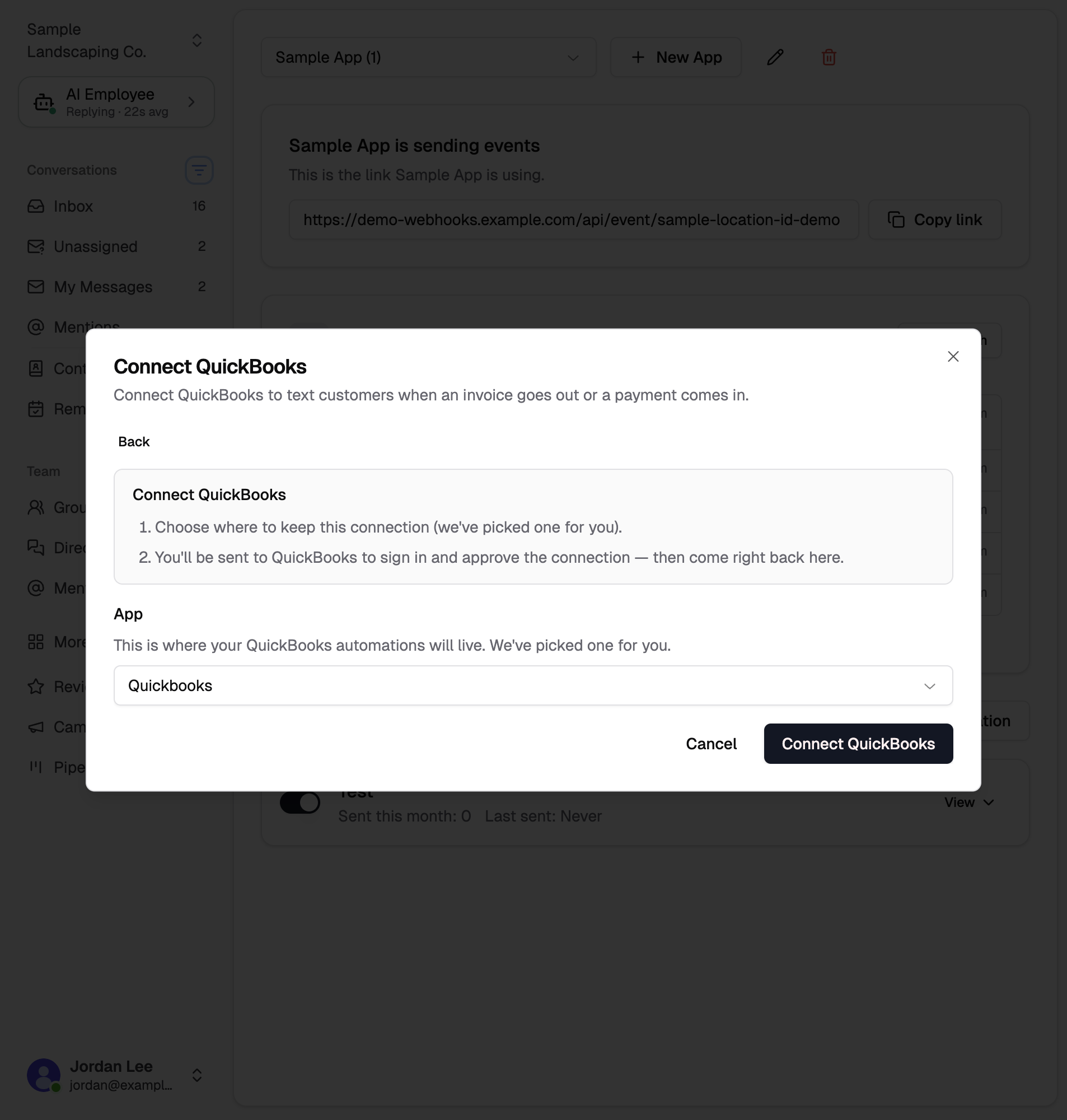 Connect QuickBooks dialog asking you to choose an app and sign in to QuickBooks