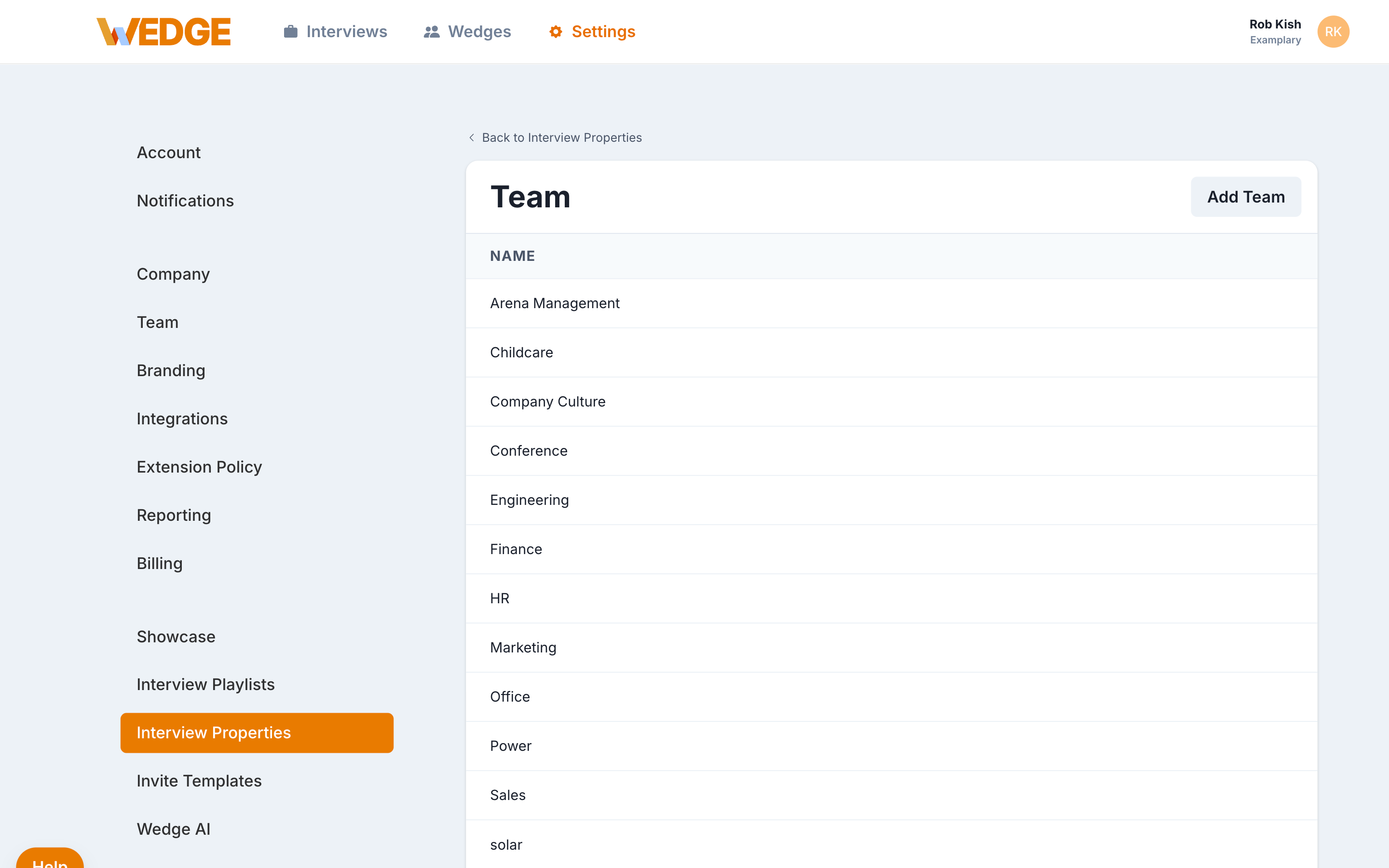  Interview Properties settings page showing a list of teams including Arena Management, Childcare, Engineering, Finance, and others, with an Add Team button.