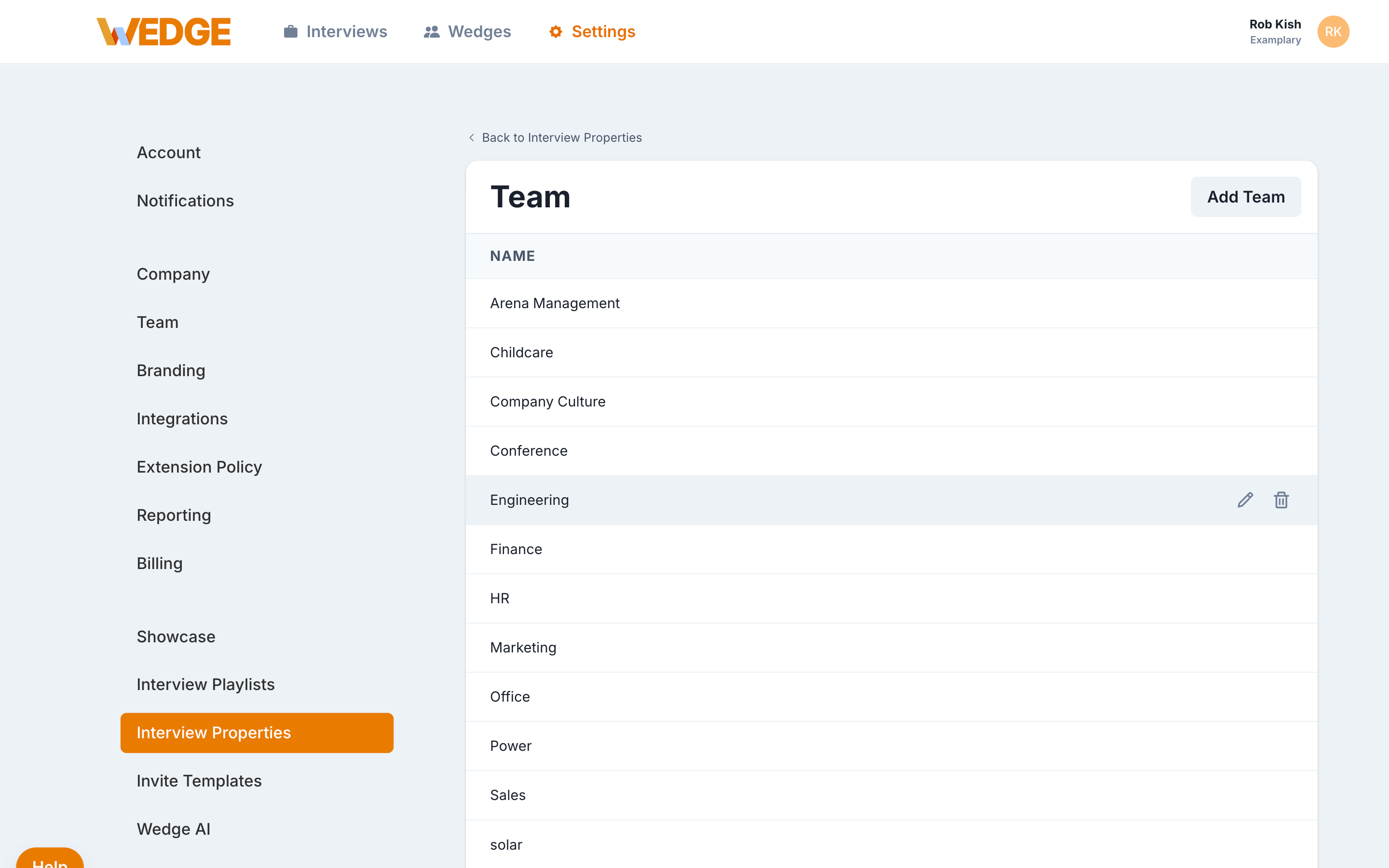 Interview Properties Team list with edit (pencil) and delete (trash) icons visible on the Engineering row.