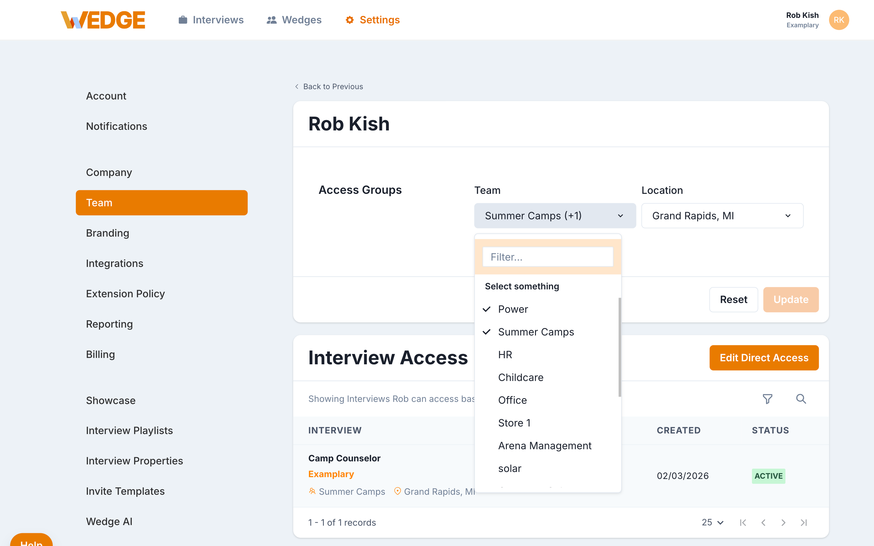 Team member detail page showing the Access Groups section with the Team dropdown open, listing teams like Power, Summer Camps, HR, Childcare, Office, Store 1, Arena Management, and solar. Power and Summer Camps are checked.